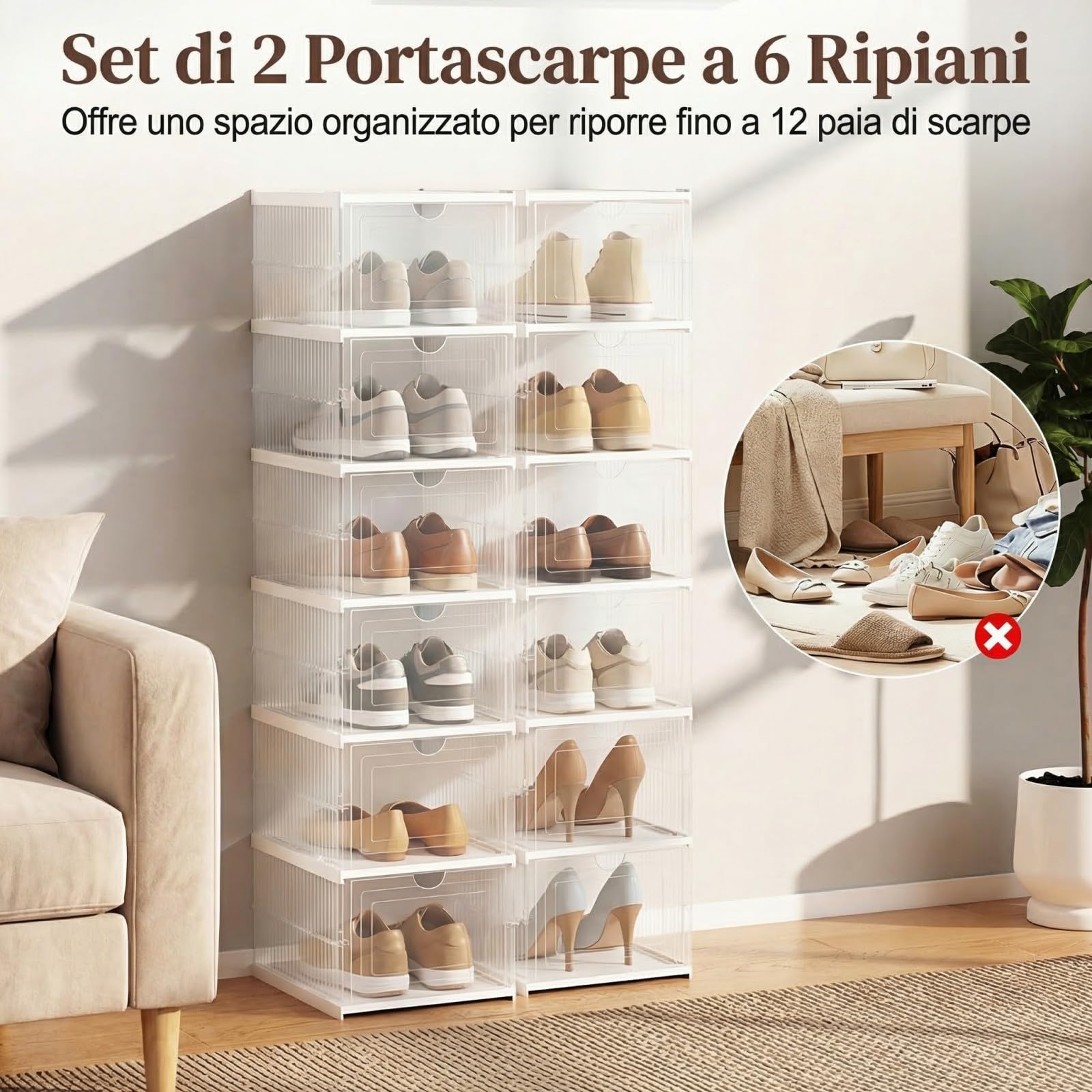 COSTWAY Scatole per Scarpe, Set di 2 Organizzatore per Scarpe a 6 Livelli, Scatole Pieghevoli in Plastica con Porta Frontale a Ribalta, Scarpiera Salvaspazio per Ingresso e Soggiorno