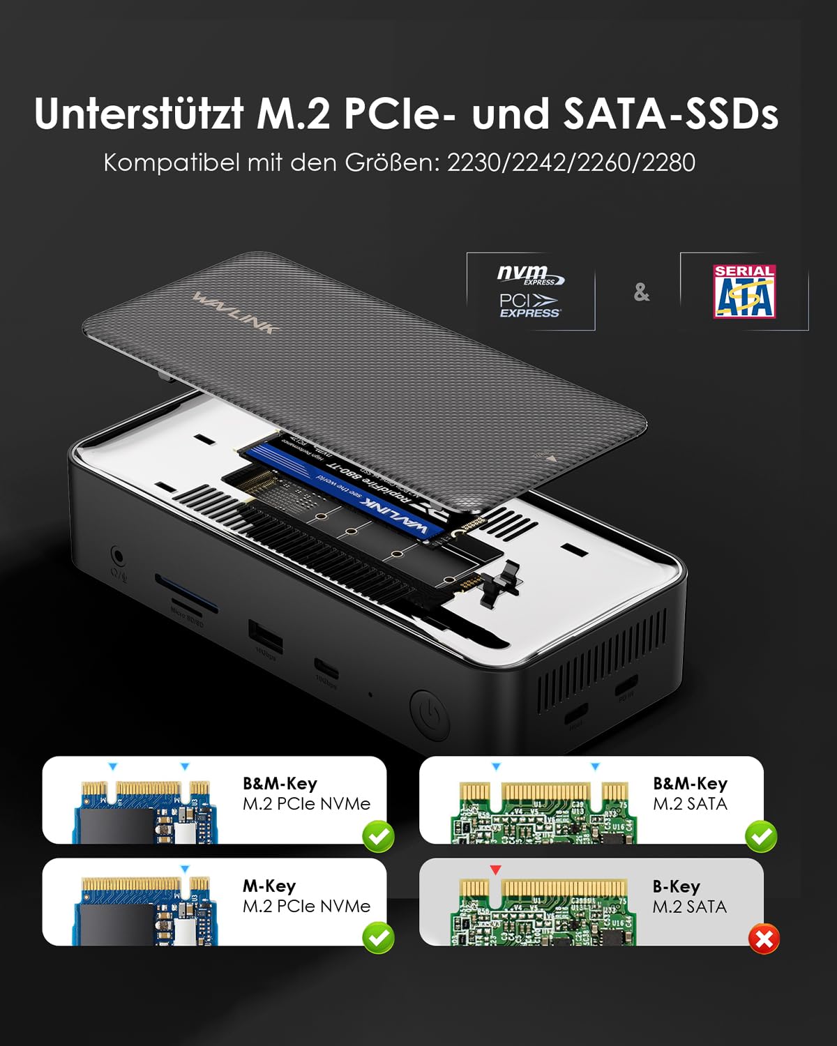 WAVLINK 12-in-1 Docking Station Dreifach-Display (3 * 4K@60Hz) | mit 10 Gbit/s M.2 PCIe/SATA SSD-Gehäuse, 100 W PD, USB C/A, SD/TF, Gigabit RJ45 für Mac OS,Windows