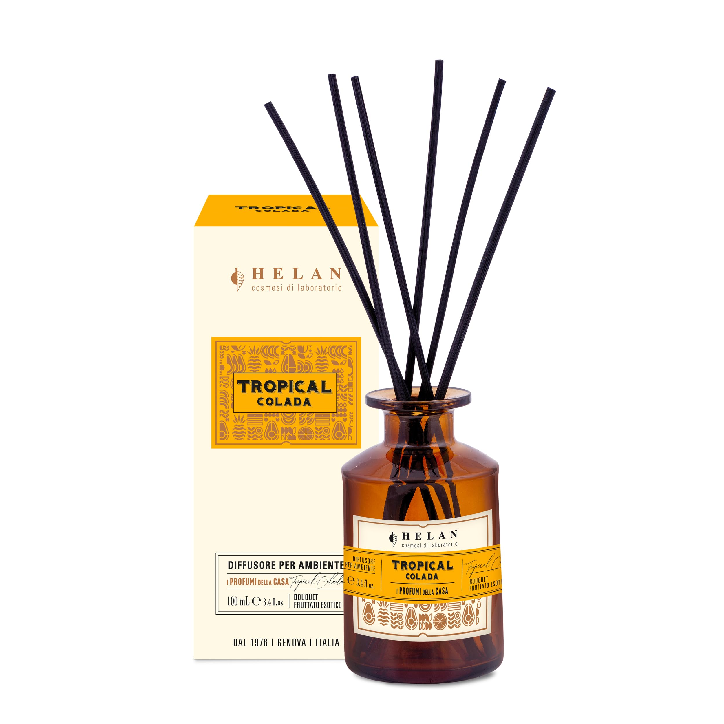 Helan Tropical Colada - Profumatore per Ambienti, Profumo Ambiente con Bastoncini per Diffusori con Kiwi, Miele, Melone e Vaniglia, Idee Regalo Deodorante e Profumatori Ambiente 100 ml - Made in Italy