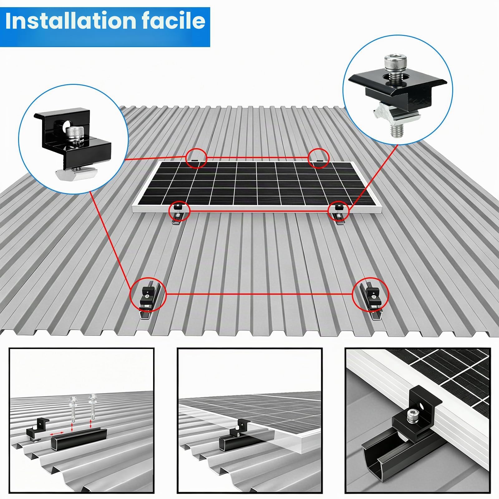 Kit de montage pour 4 panneaux solaires | Rail noir 12 cm + pince réglable | Rail noir 12cm+pince réglable pour épaisseur 30-35mm|Support aluminium pour toit plat, tôle trapézoïdale, toiture métallique
