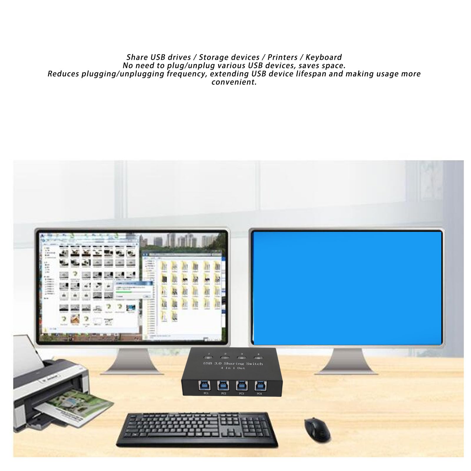Jectse Switch per Condivisione Stampante USB 3.0, Commutatore Manuale 4 in 1 Uscita per Computer, con Connessione Stabile per più Sistemi Operativi e OS X