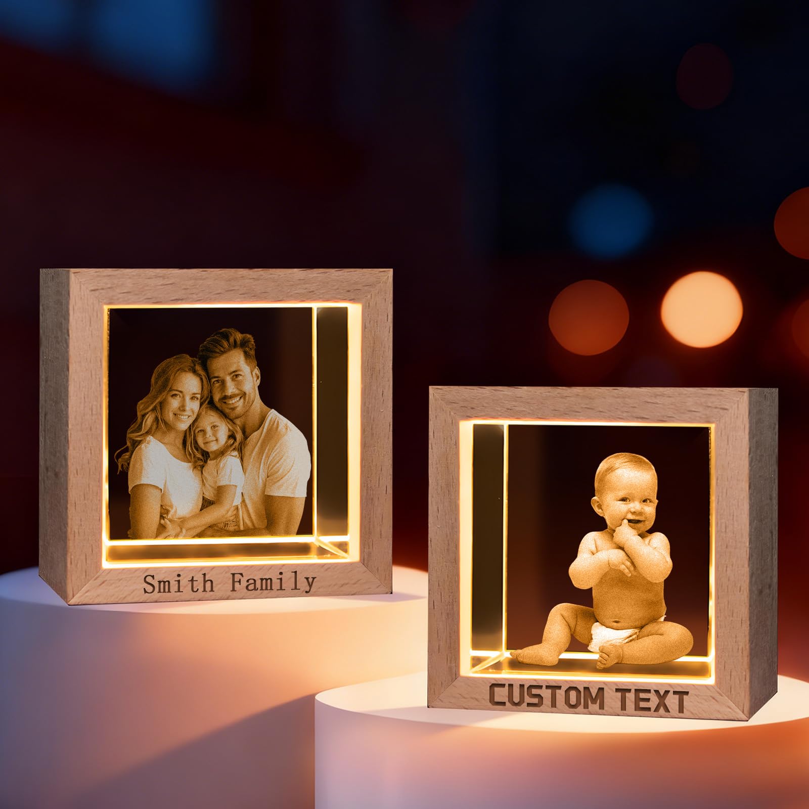 Custom 3D Photo Crystal Ball Night Light Personalized Laser Engraved Name/Text/Picture Globe Lamp with Wood Base Memorial Gift for Family Pets Couples Birthday Anniversary (Square)