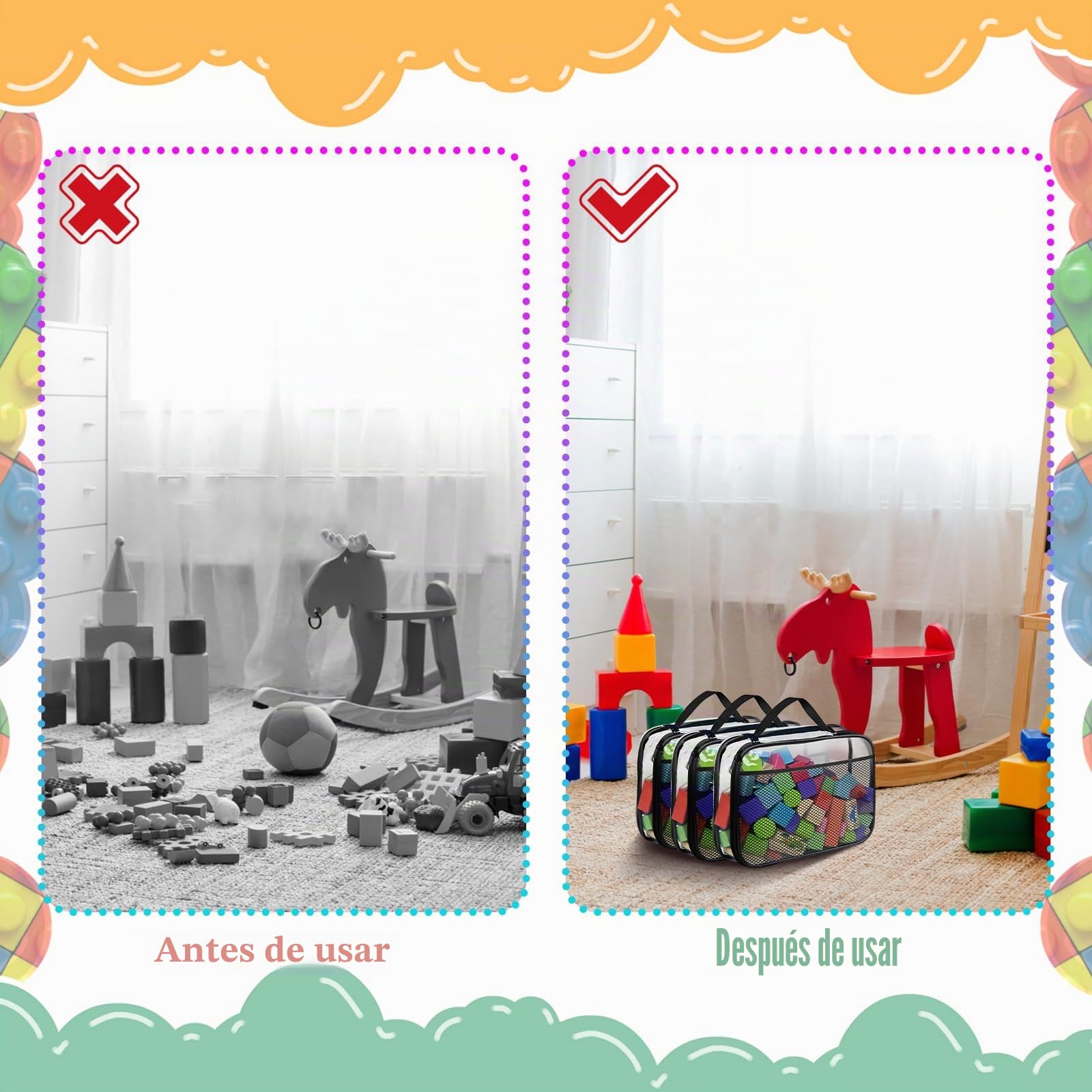 Juego de 4 Fundas Organizadoras de PVC para Juguetes, Neceser con Cremallera y Bolsillos Laterales de Red para Juguetes de Baño, Puzzles y Bloques de Construcción (L 23x8x30 cm)