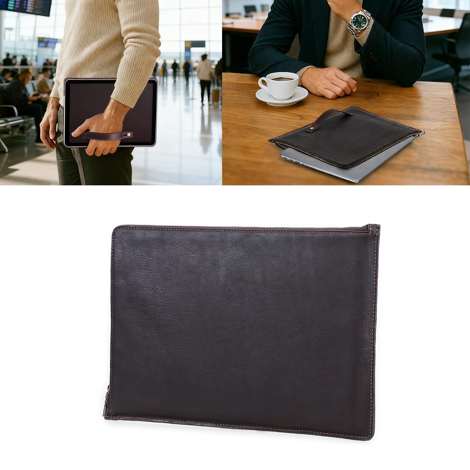 Executive Laptoptasche aus Leder für 14-Zoll Modelle, kratzfestes Futter mit Aktenhalter, spritzwassergeschützte Oberfläche