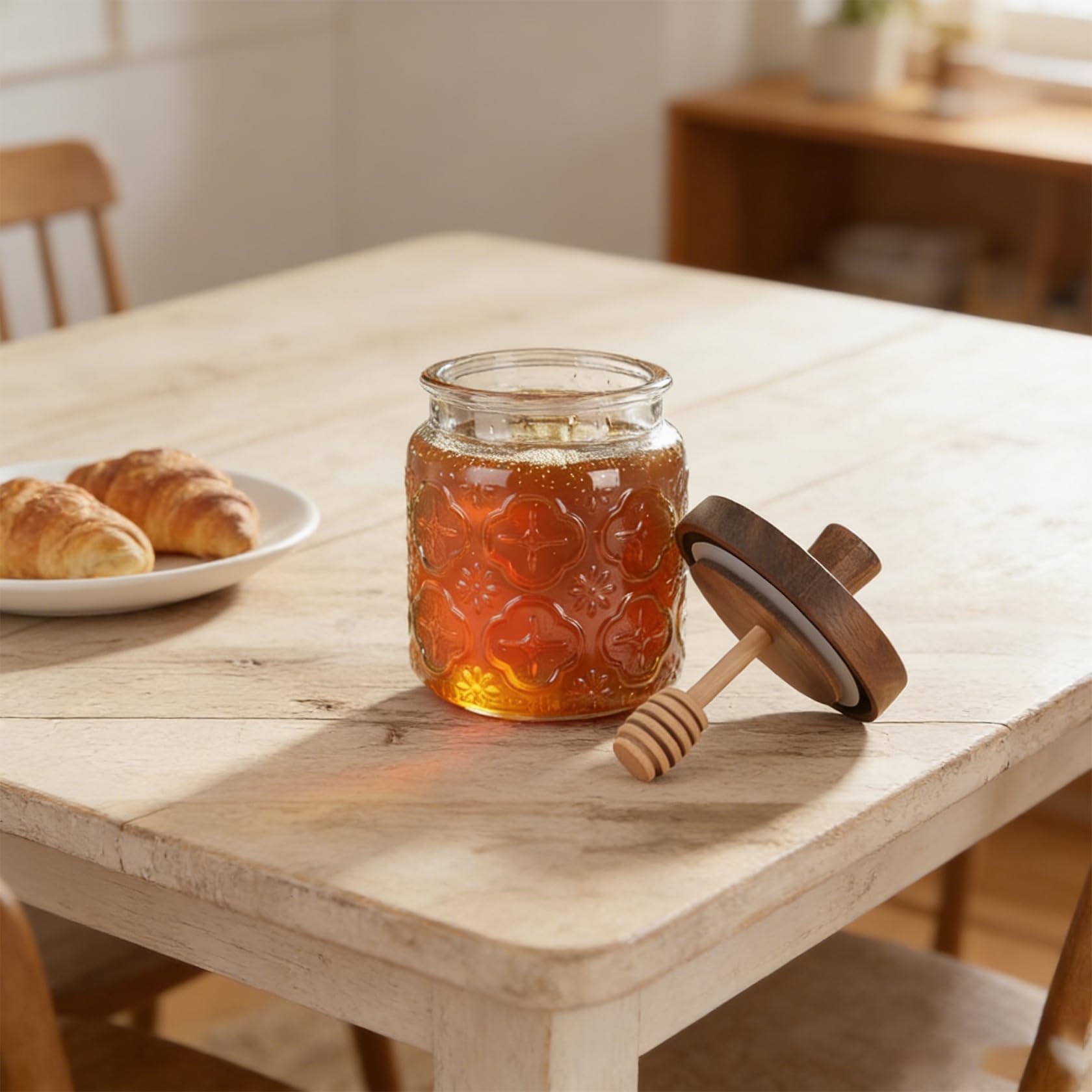Bicchiere da miele con coperchio in legno, dispenser per miele in vetro con coperchio a chiusura ermetica per cucina e tavolo da colazione, contenitore per miele trasparente con cucchiaio di