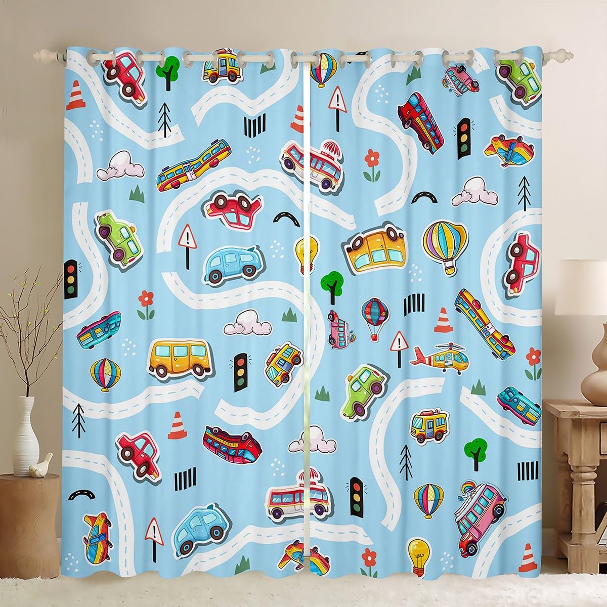 Homemissing Kids Curtains (2 Panels,W66*L90) for Bedroom Living Room Boys Girls Cartoon Car 30%-50% Room Darkening Blackout Curtain Blue Reversible Window Treatments Vehicle Bedding Room Decor