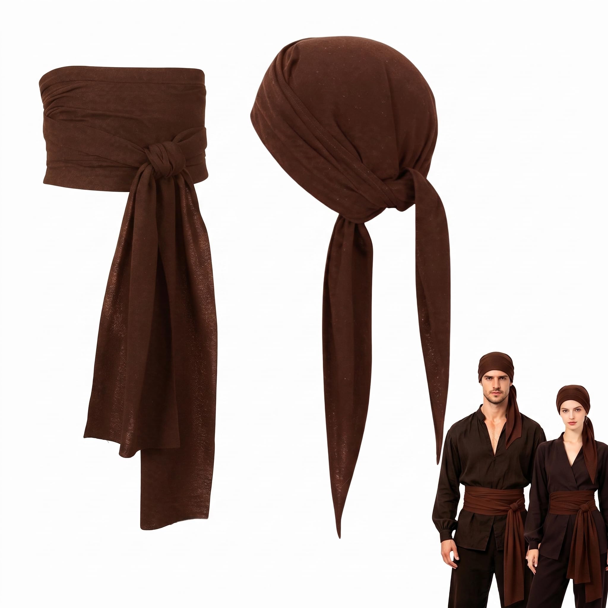 2Pcs Pirate Costume Accessories, Brown Pirate Bandana Adjustable Sash Belt Set, Soft Breathable Fabric, One Size Fits Most for Adult Women Men, Halloween Party, Medieval Renaissance Pirate Cosplay