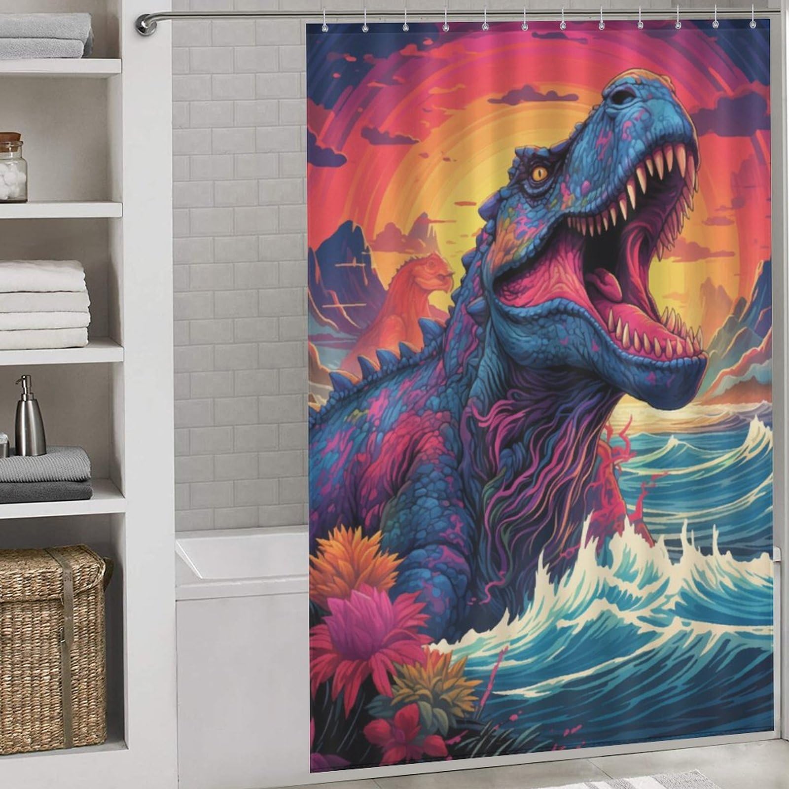 Rideau de douche dinosaure étanche 152x183 avec 12 crochets pour baignoire