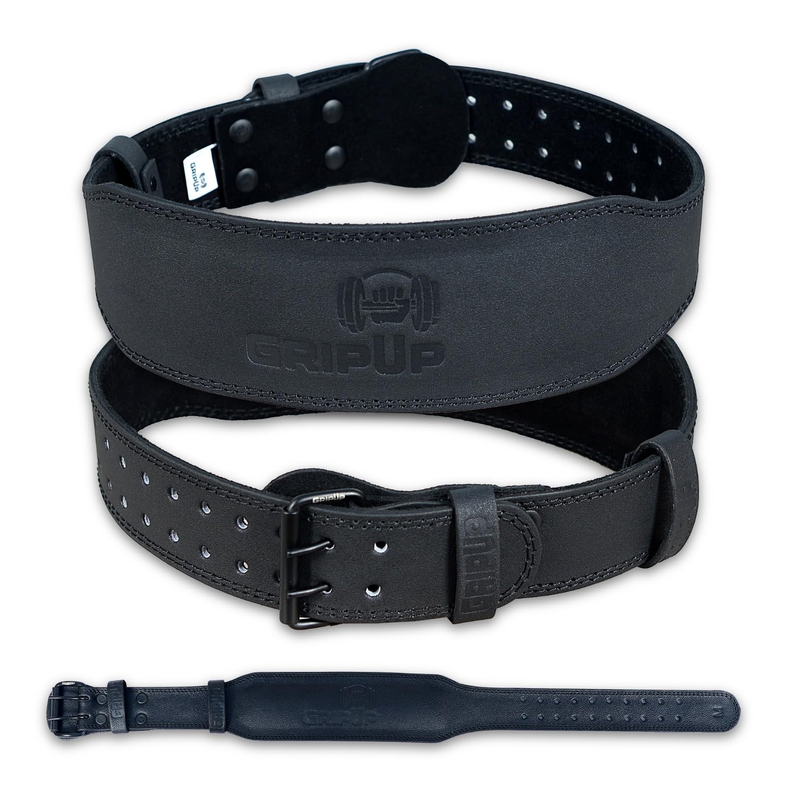 GripUp Weight Lifting Belt 4” 6” Leather Gym Belt Padded Lumbar Back Support for Powerlifting Deadlifts Squats Bodybuilding & Strength Training Fitness Adjustable Holes Men Women (Black 4Inch, 3XL)