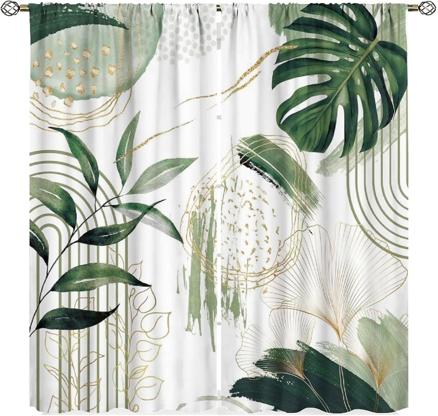 Boho Leaf Curtains, Mid Century Abstract Green Gold Leaves Tropical Palm Modern Minimalist Geometric Window Treatments for Bedroom Living Room Kitchen Cafe Bohemian Drapes, 52x84 Inch Blackout