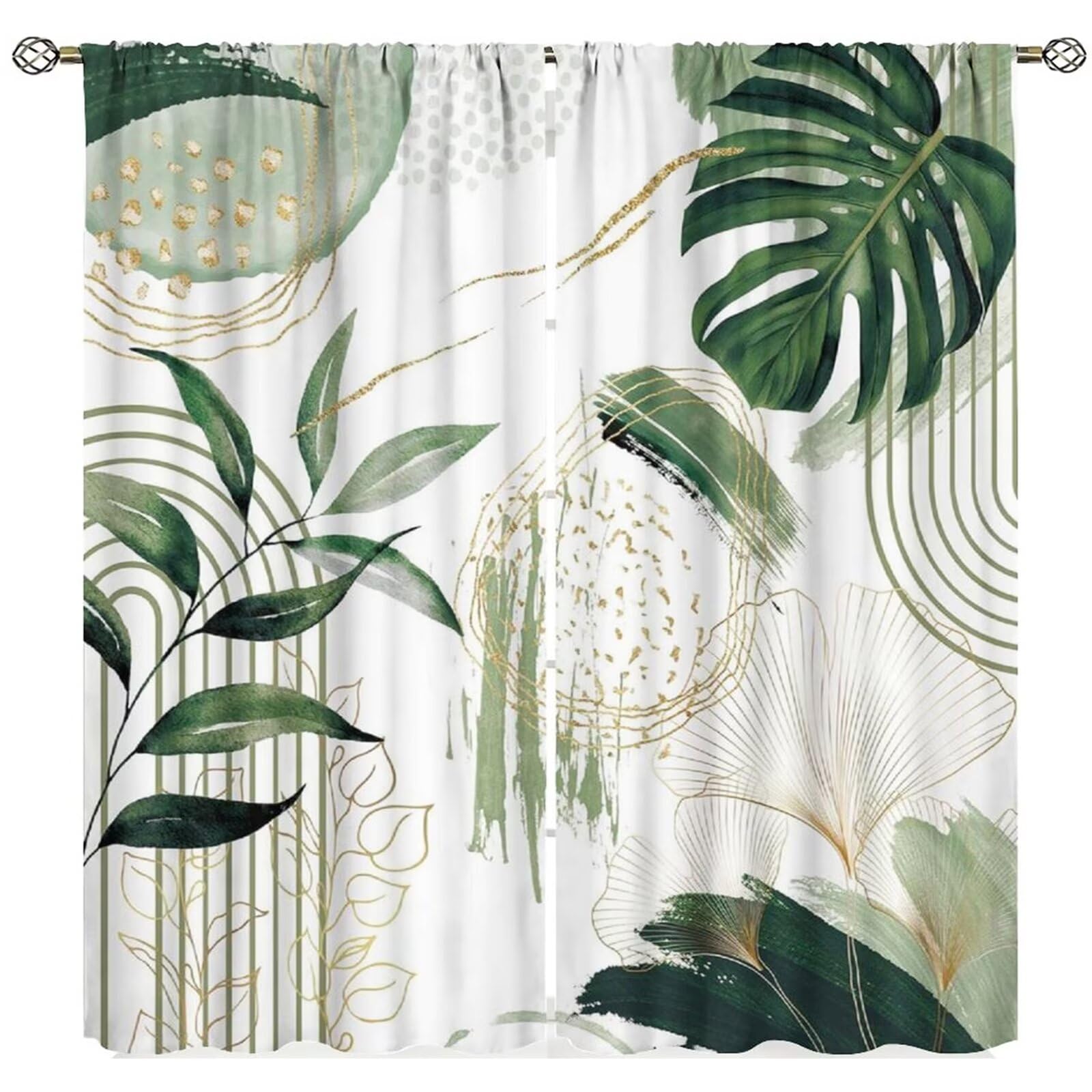 Boho Leaf Curtains, Mid Century Abstract Green Gold Leaves Tropical Palm Modern Minimalist Geometric Window Treatments for Bedroom Living Room Kitchen Cafe Bohemian Drapes, 42x45 Inch Decor