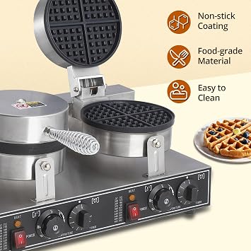 Commercial Waffle Maker, 2600W Round Waffle Iron, Non-Stick Rotatable Waffle Baker Machine, 50C-300C Temp Range, Stainless Steel Round Commercial Waffle Maker for Restaurant, 110V