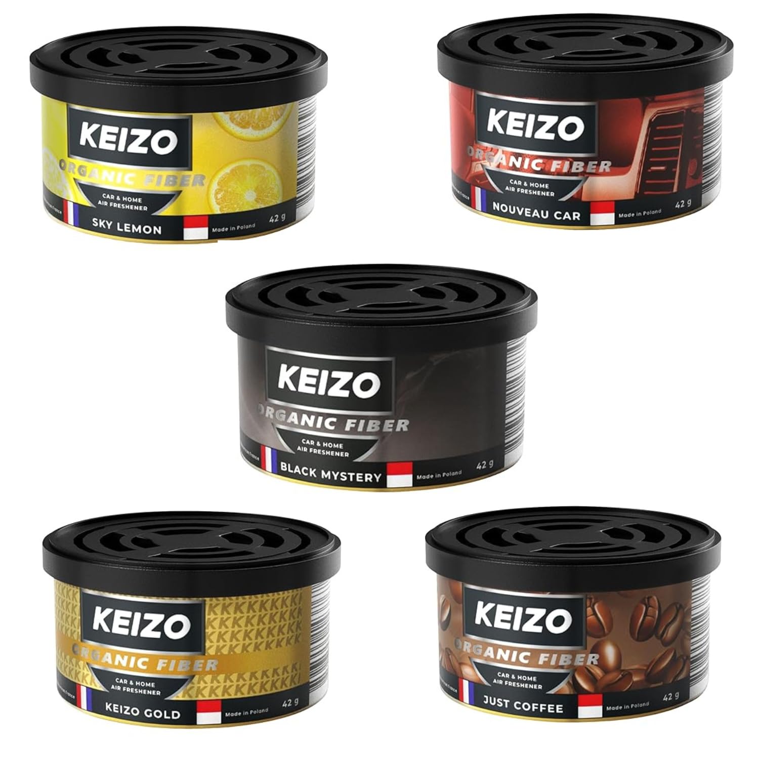 KEIZO Premium Organic Fiber Car Perfume | Long-Lasting Fresh Scent | Strong Fragrance for Car Freshening (Multy Fragrance Pack Of -5; 42 gm Each)