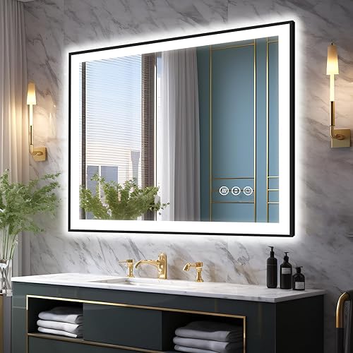 Miniatura 24 de 48x32 Espejo de Baño Iluminado, Espejos de Pared de Hollywood con Bombillas LED, 3 Temperaturas de Color y Atenuación Sin Escalas, Antiempañamiento