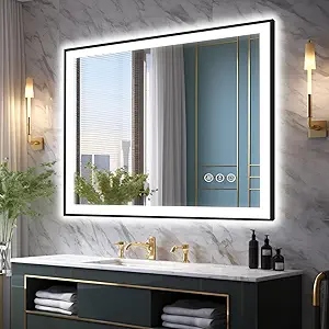 40x32 Bathroom LED Mirror, Black Aluminum Edge Lighted Mirror, 3 Colors Stepless Dimmable Vanity Mirror, Skincare, Anti-Fog, Shatter-Proof, ETL Listed, Memory Smart Mirror(Horizontal/Vertical)
