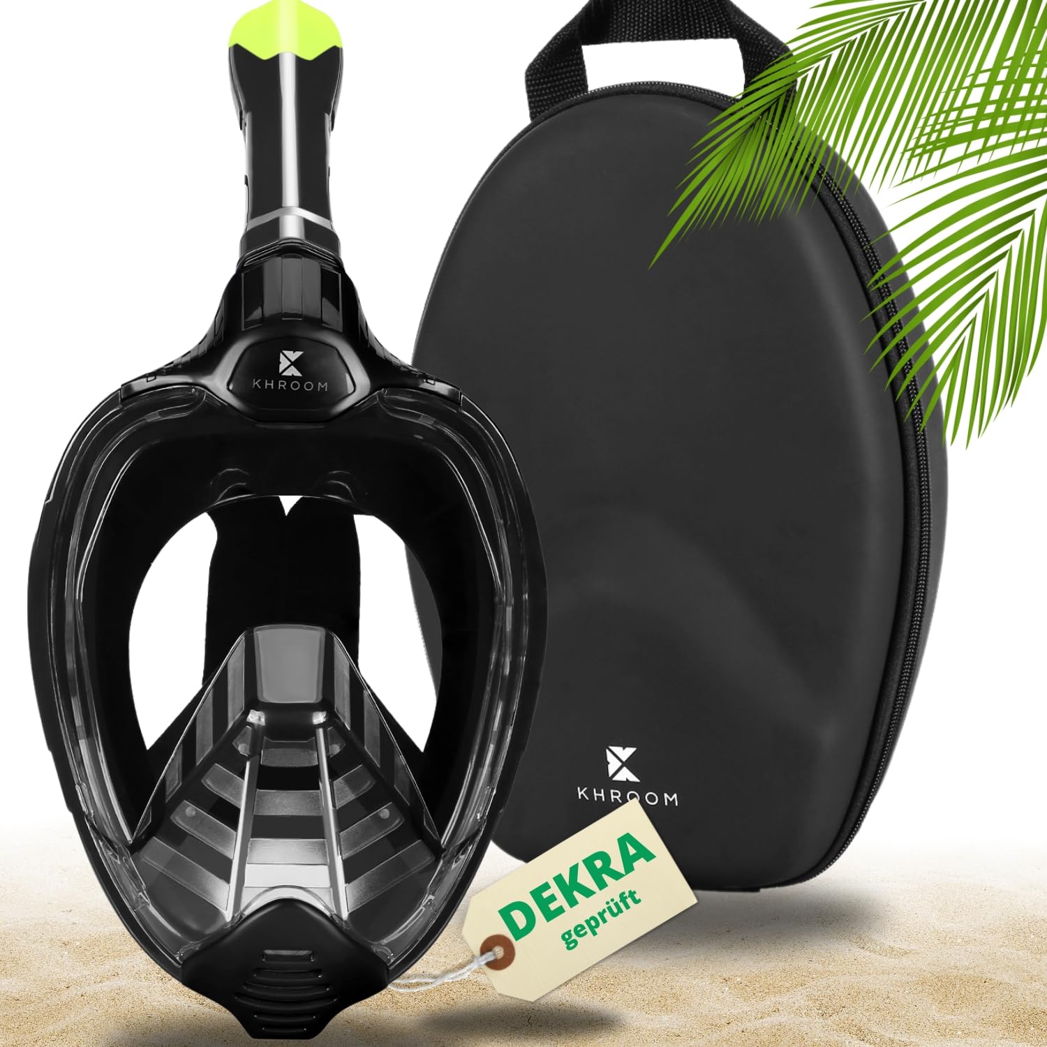 Khroom Schnorchelmaske für Erwachsene & Kinder | DEKRA geprüfte CO2 Sicherheit | Vollmaske Seaview X – Tauchmaske Taucherbrille mit Schnorchel | Schnorchelset Alternative (L-XL, Schwarz + Soft-Case)