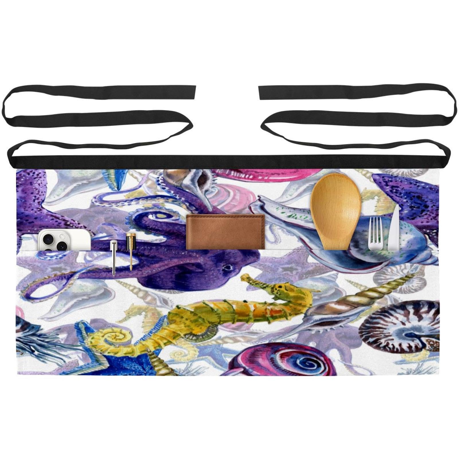 Demi-tablier de chef imprimé hippocampe et pieuvre aquarelle avec poches - 8
