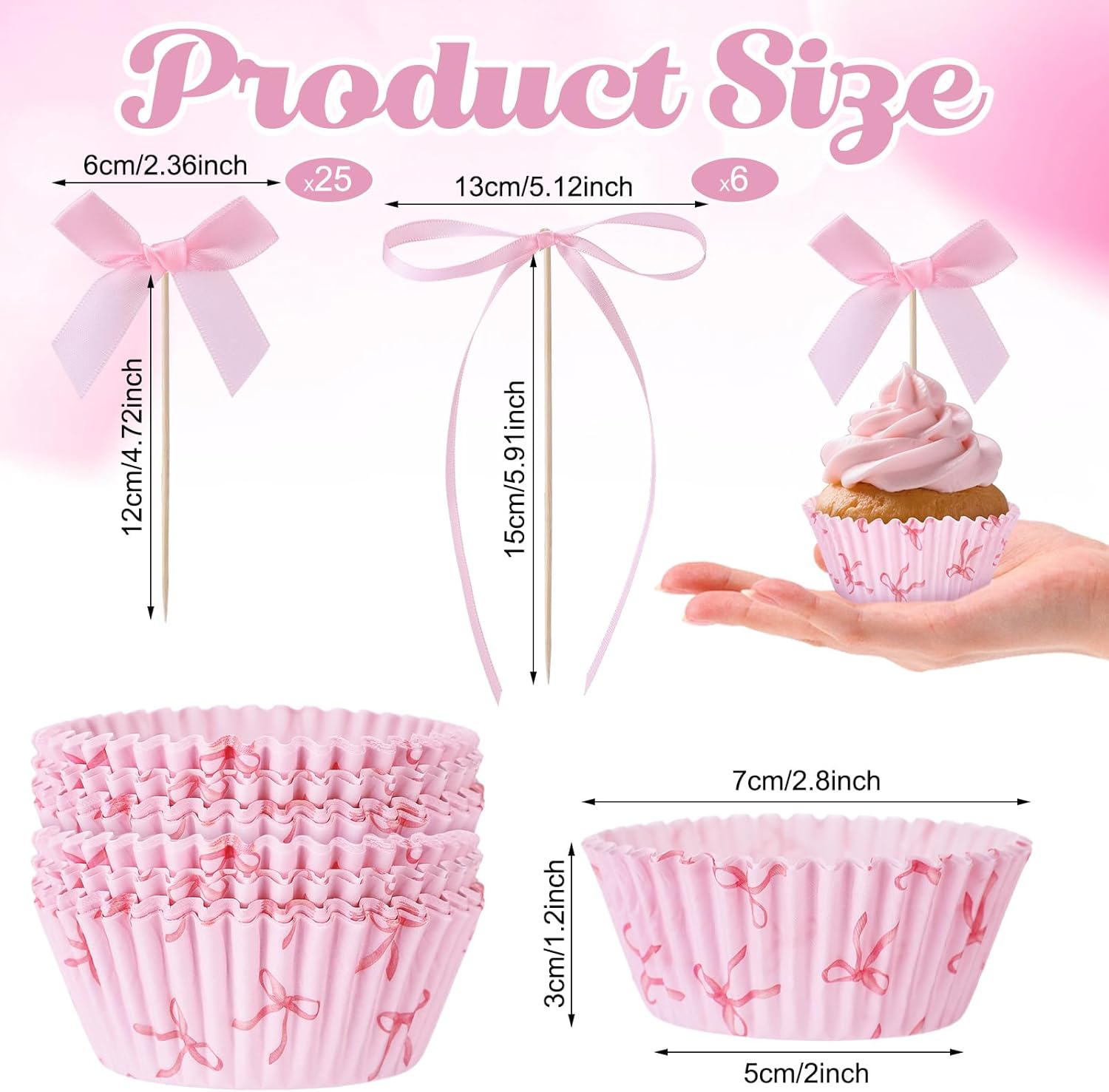 81 Pcs Pink Bow Cupcake Liners Set 50 Pink Bow Cupcake Liners and 31 Bowknot Ribbons Cake Toppers Coquette Birthday Cake Decorations for Bachelorette Bridal Baby Shower Birthday Wedding Party Supplies