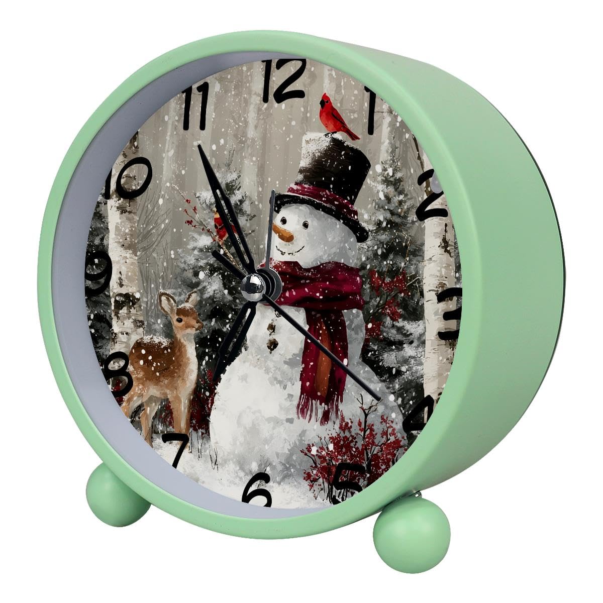 Luoweisi Analog Alarm Clock Snowman Deer Winter Forest, Silent Non-Ticking with Night Light, Battery Operated, Round Desk Alarm Clock for Office, Bedroom, Elderly, Adults, Children, Student Gifts