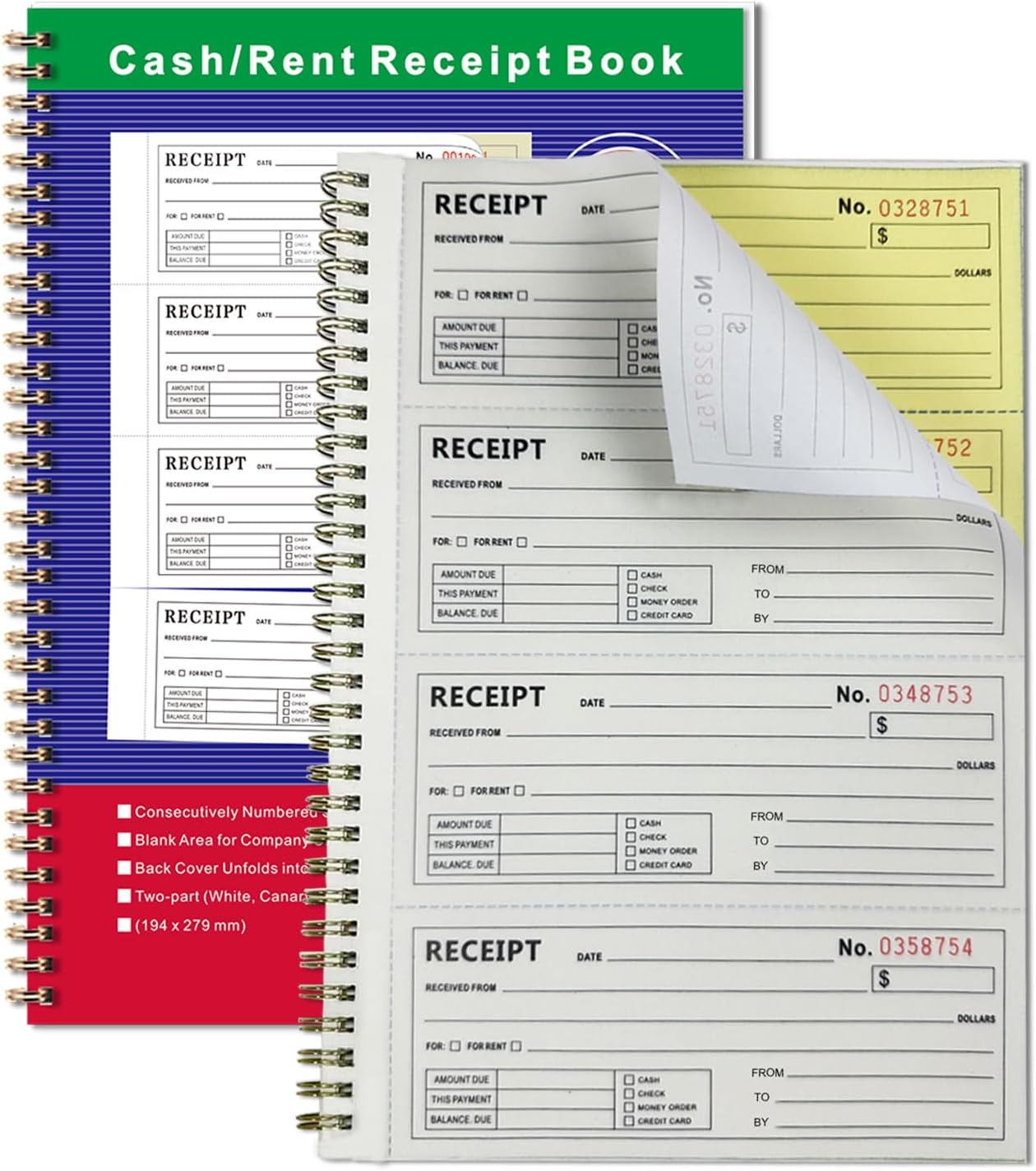 Money and Rent Receipt Book 2-Part Carbonless 7-5/8" x 11" Spiral Bound 200 Sets per Book 4 Receipts per Page (4 Packs)