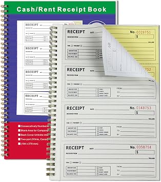 Receipt Book with Carbon Copies, Money and Rent Receipt Book 2-Part Carbonless, 4 Receipts per Page, Spiral Bound Cash Receipt Book for Small Business, Landlord and Rental Payments, 7-5/8" x 11"
