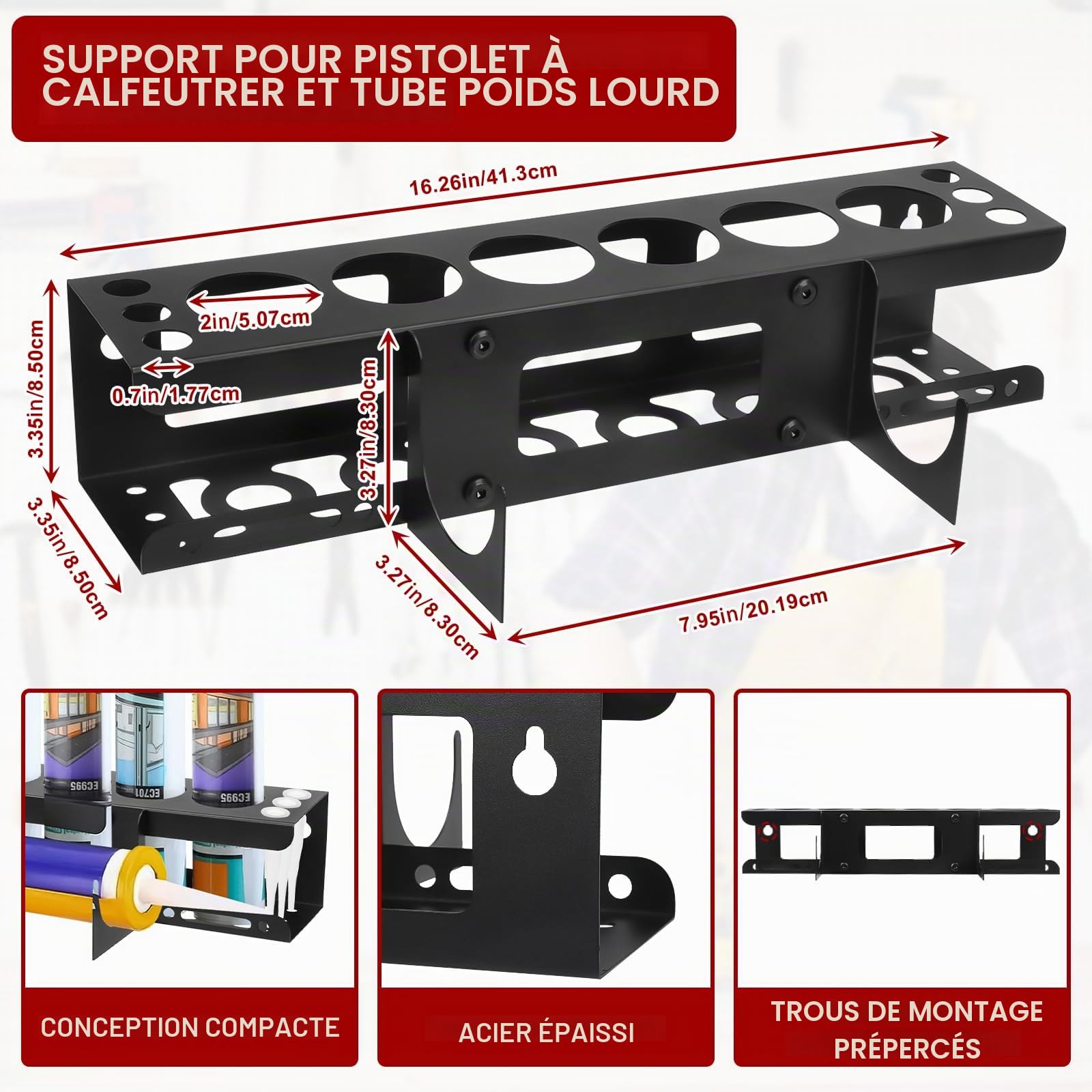 Tefola Support de rangement mural en silicone pour tubes de calfeutrage, pistolets à calfeutrer, support en métal pour rangement d'outils de van, accessoires pour 6 tubes de calfeutrage (1)