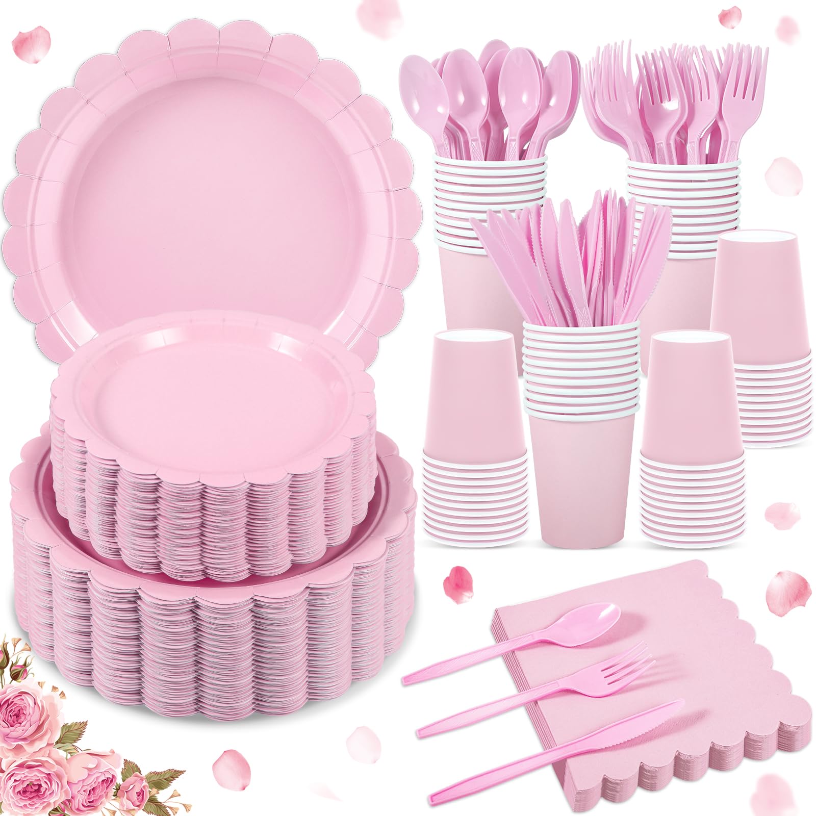Xiangqu 350 Pcs Pink Paper Plates and Napkins, Light Pink Party Supplies Include Valentines Plates Napkins Cups Plastic Spoons Forks Knives for