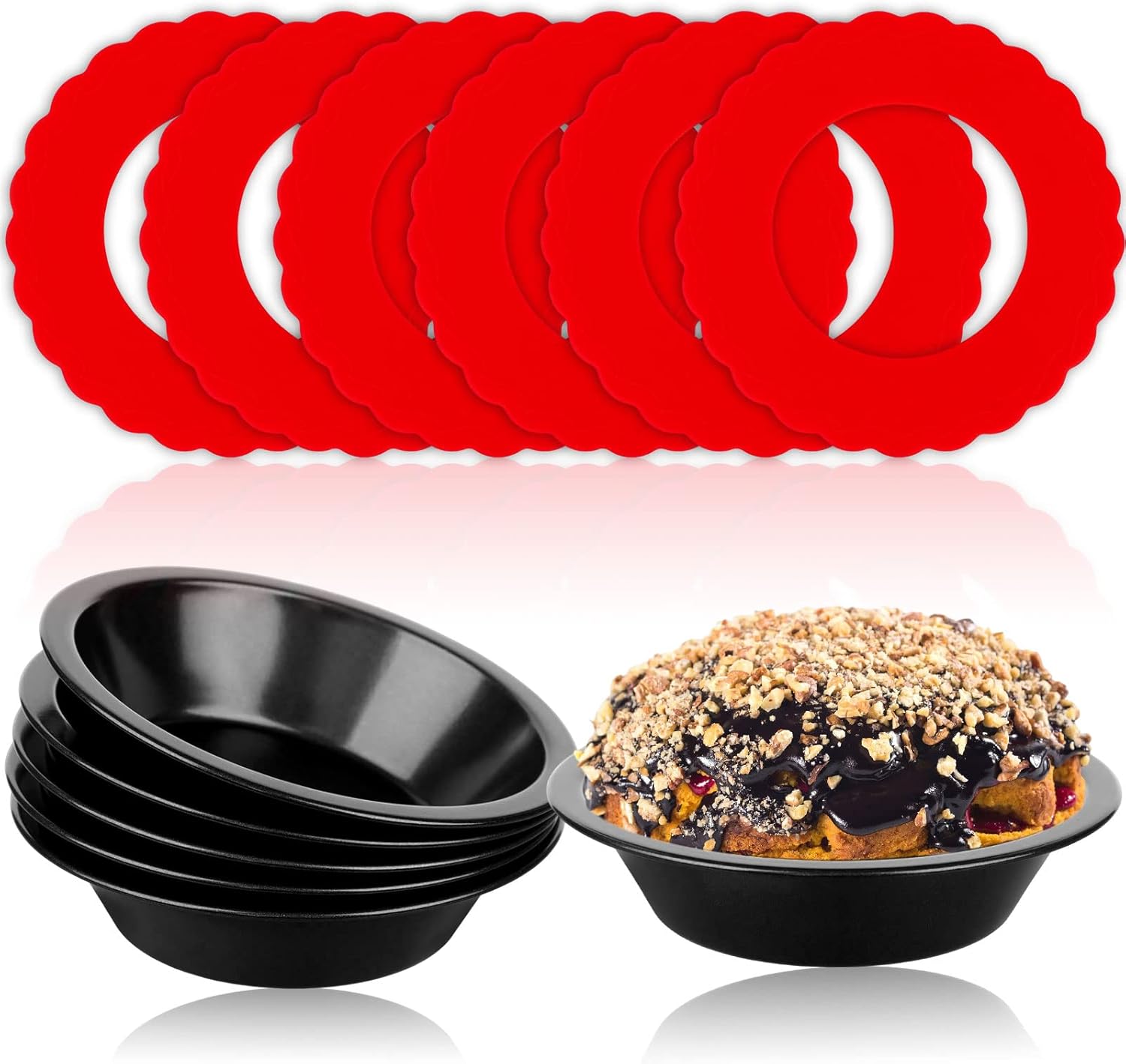 4.3in Mini Pie Pans Dish Set 6 Pcs Nonstick Carbon Steel Pie Tins for Baking and 6 Pcs Pie Crust Protector Small Round Bakeware Pie Plate for Kitchen Toaster Oven Air Fryer Baking