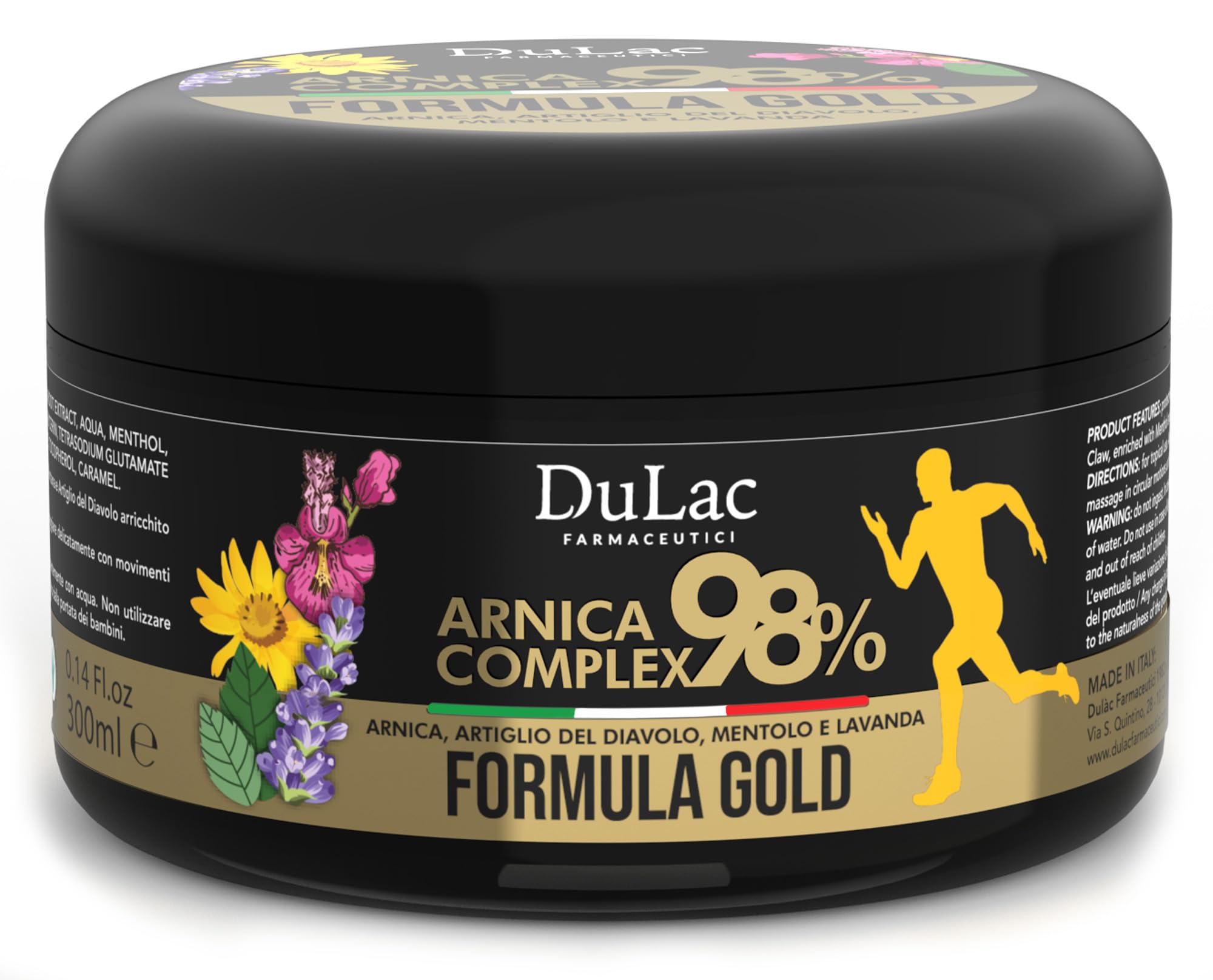 DuLàc, Arnica 98 Gold Improved Formula 300 ml, Arnica Gel Body Cream with Devil's Claw, Menthol and Lavender, for Massaging the Skin of Muscles and Joints, Dermatologically Tested, Made in Italy