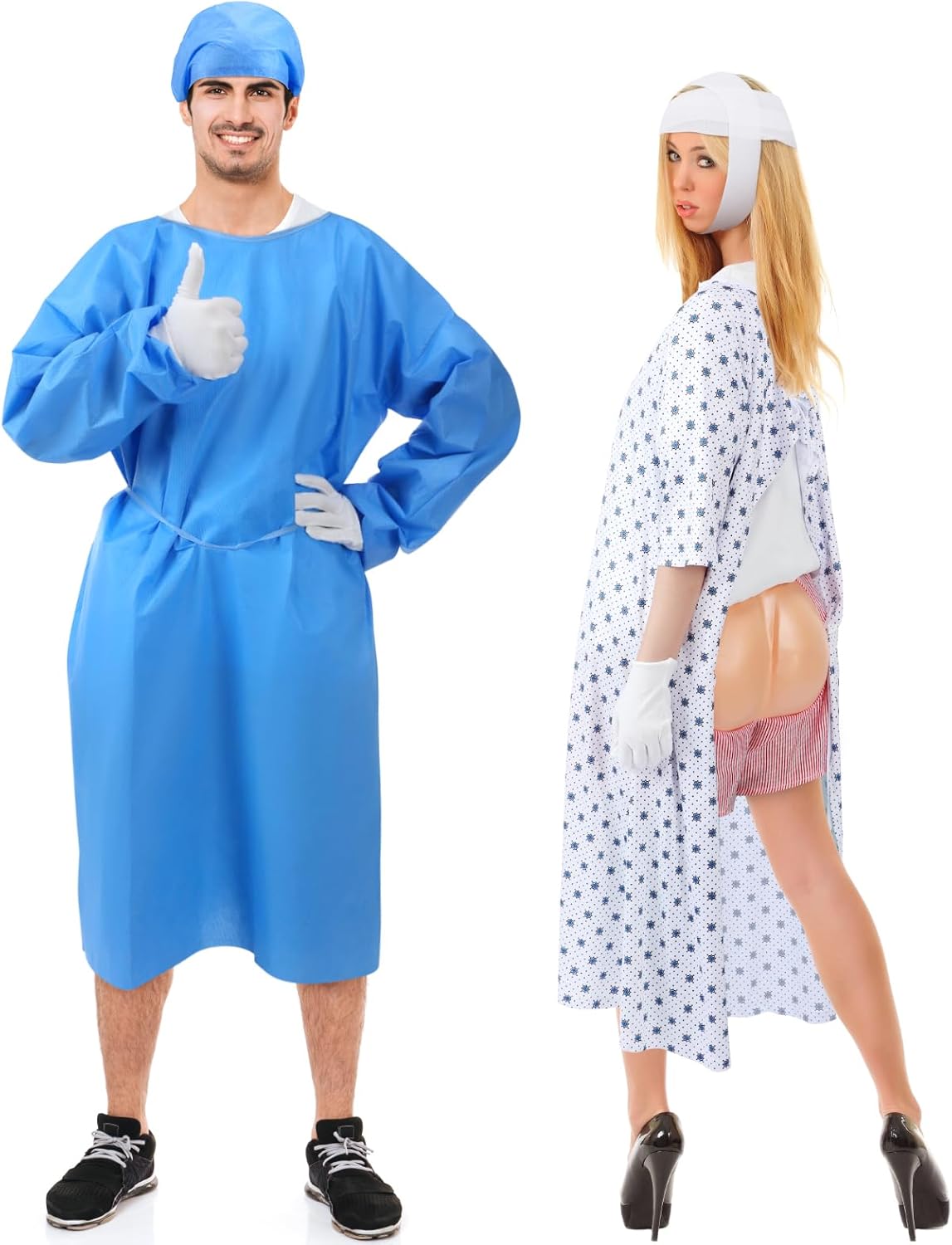 Mepase 6 Pcs Halloween Couples Costume for Adult Doctor Surgeon and Patient Costume Unisex Hospital Patient Gown Funny Shorts for Halloween Couple Cosplay Medical Themed Party Events