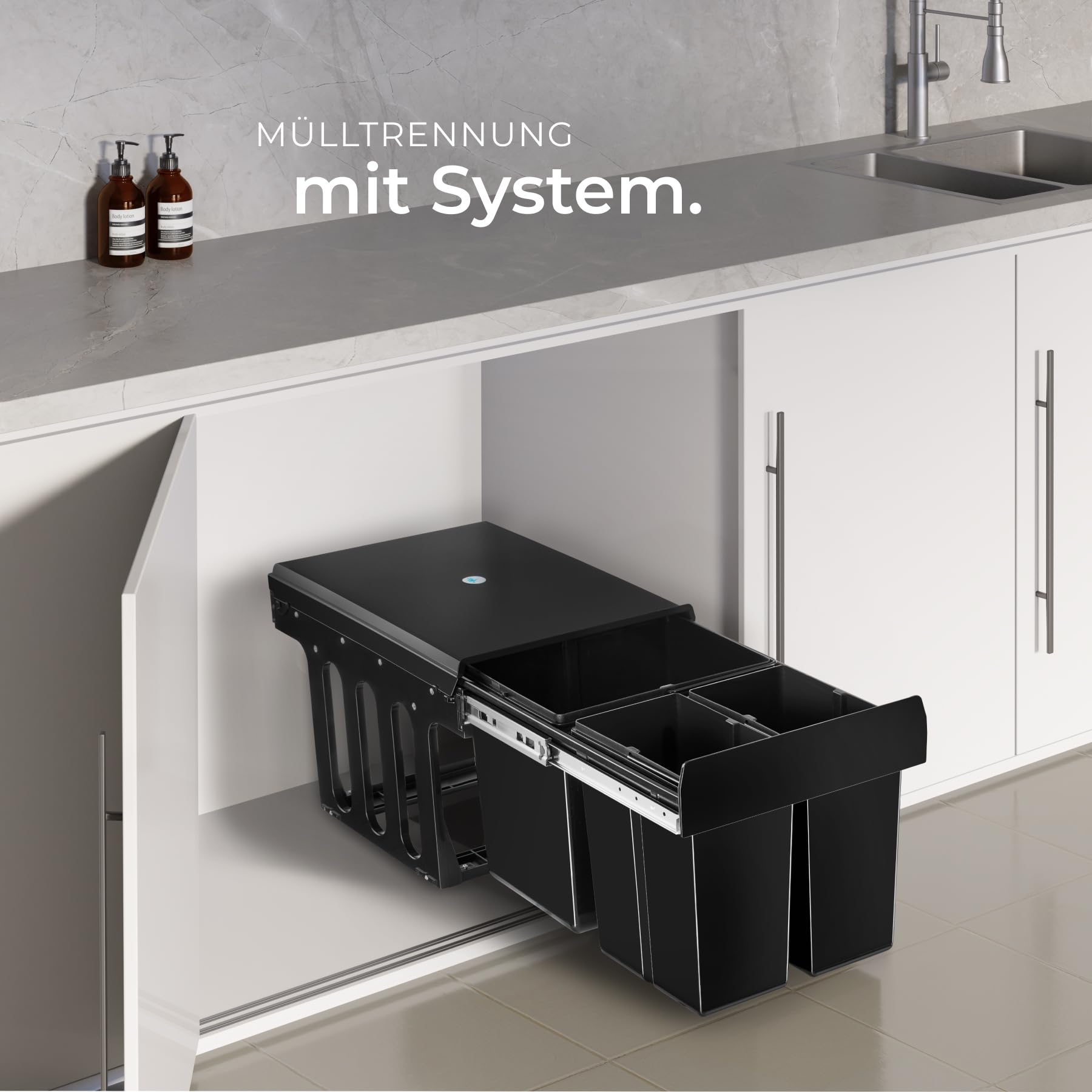 tectake® Abfallsammler, Mülleimer 3 Fächer, Mülltrennsystem Küche, für Schrank, Mülleimer Küche ausziehbar, Einbaumülleimer, Abfalleimer Küche. Mülleimer Küche Unterschrank - 2x 8L + 15L