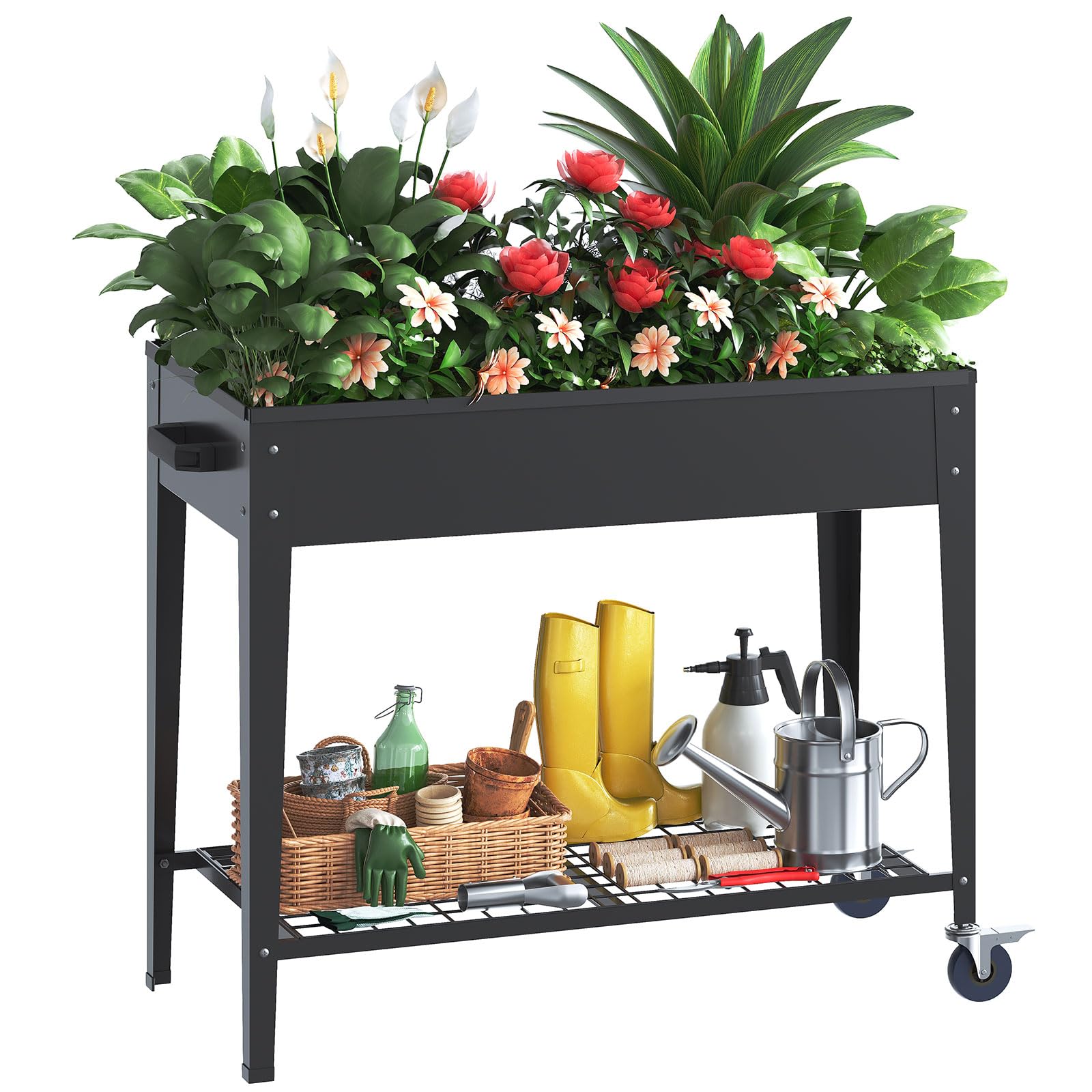 LARMNEE Hochbeet mit Rädern und Ablage, Metall Pflanzenbeet, Frühbeet, Pflanzbeet, Gartenbeet, Pflanzkasten, Blumenkasten, Kräuterbeet, Gemüsebeet