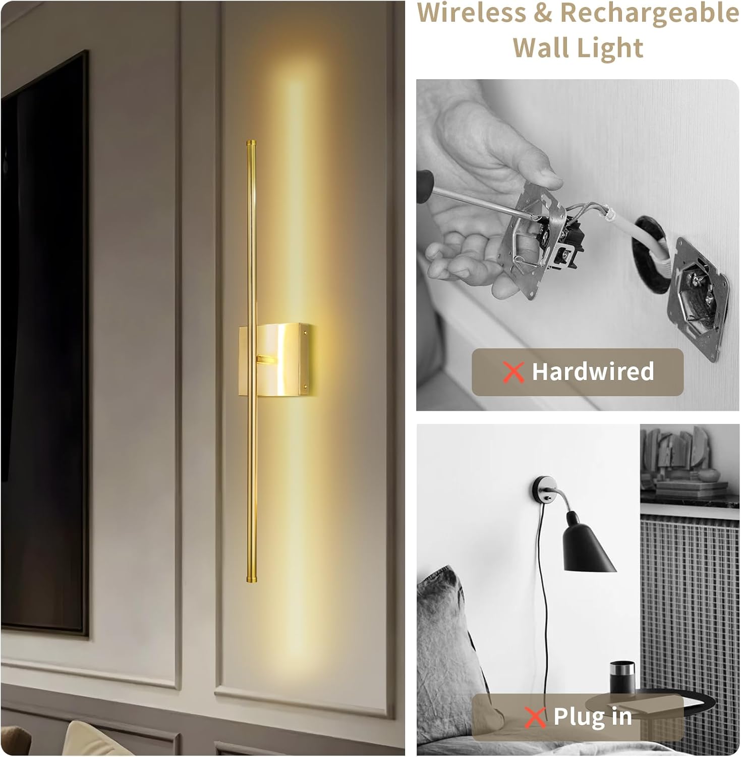 Battery Operated Wall Sconce Set of 2 10000mAh Rechargeable Wall Light with Remote Control, Dimmable LED Lighting Fixture for Bedroom Living Room,Brass