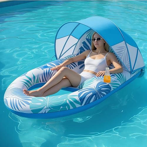 Flotadores de piscina para adultos con dosel, gran silla inflable extra grande con cubierta ajustable para sombra solar, soporte para bebidas,
