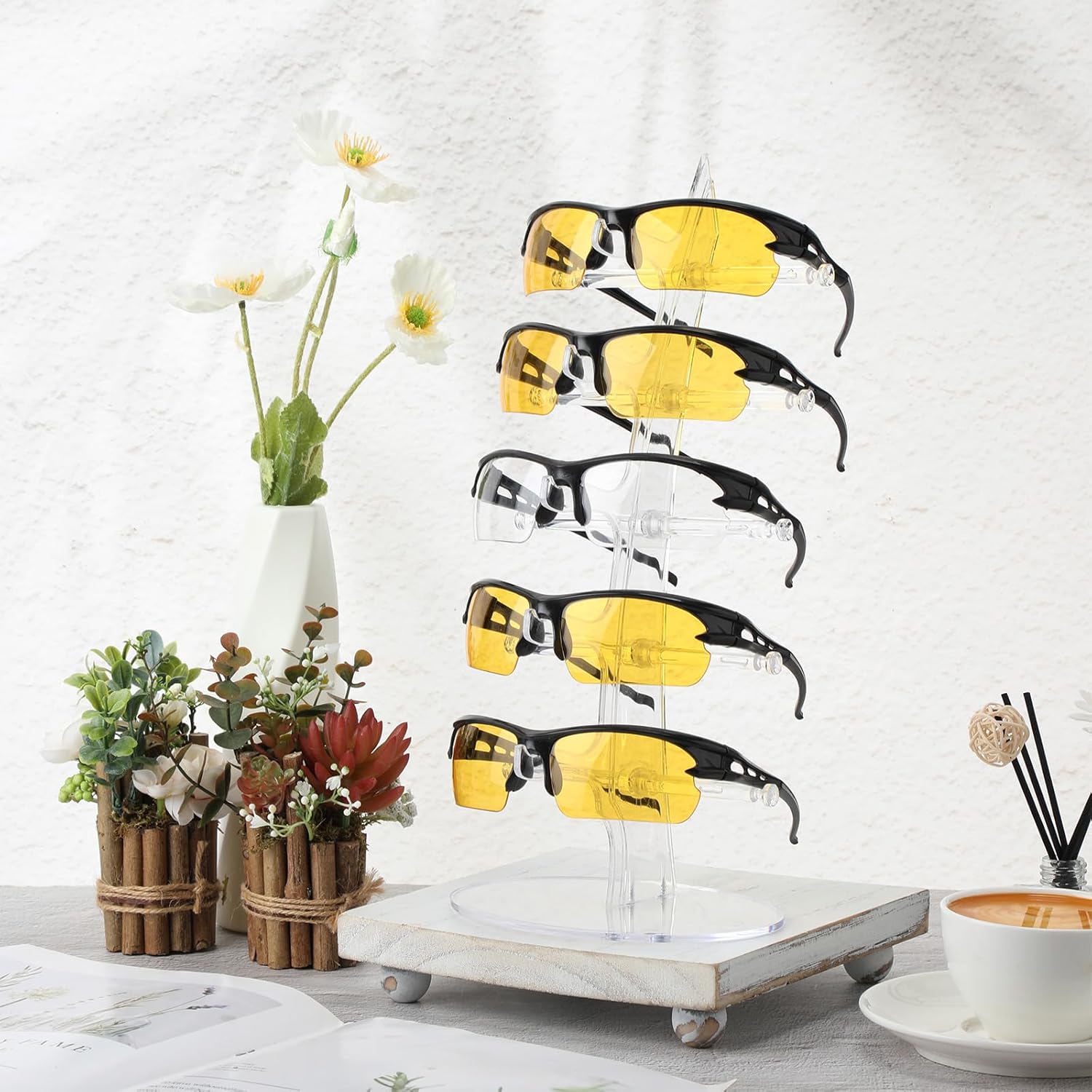 RattanView 4 Pcs Eyeglasses Storage Display Stand Holder 5-Slot Clear Acrylic Sunglasses Storage Organizer Easy Assembly Ideal for Home or Retail Use