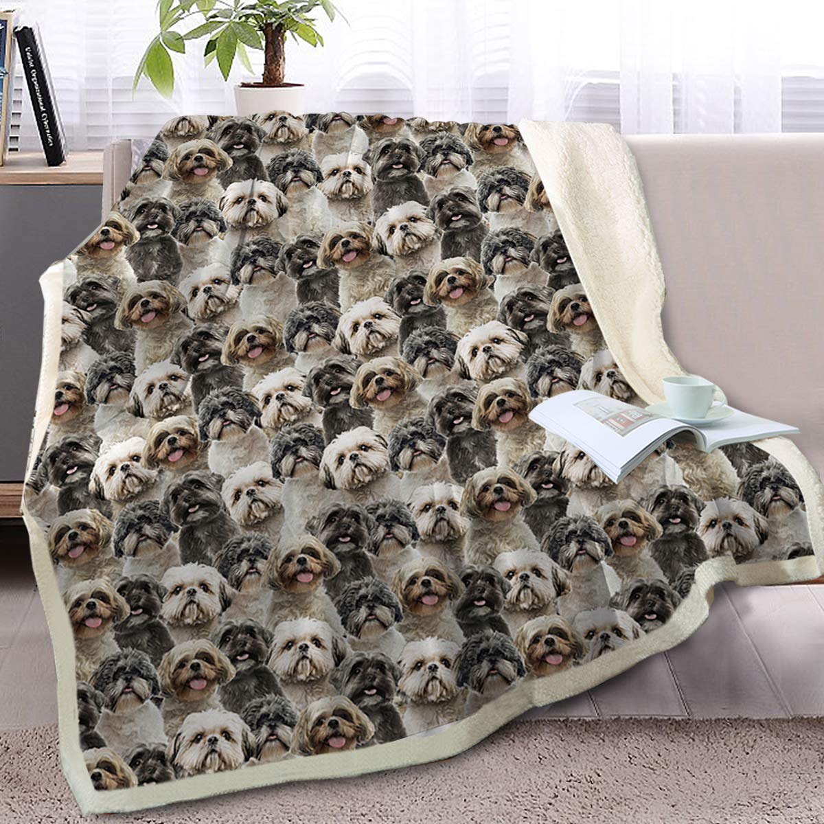 Blessliving White Fuzzy Dog Blanket For Kids Adults Puppy Lovey Fleece Blanket Reversible Animal Pattern Sherpa Throw (Shih Tsu Dog, 150X200cm)