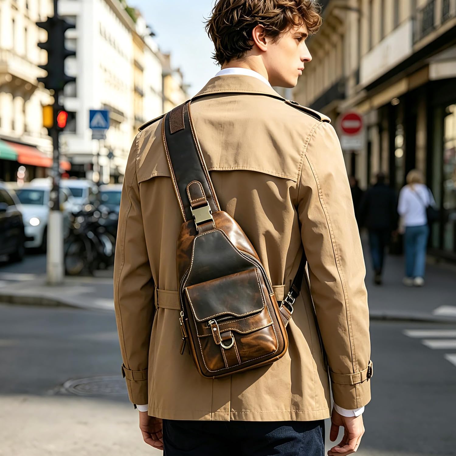 Genuine Leather Hiking Travel DayPack Sling Crossbody Triangle Chest Pack Bag For Men Women 8241 (8241 Brown)