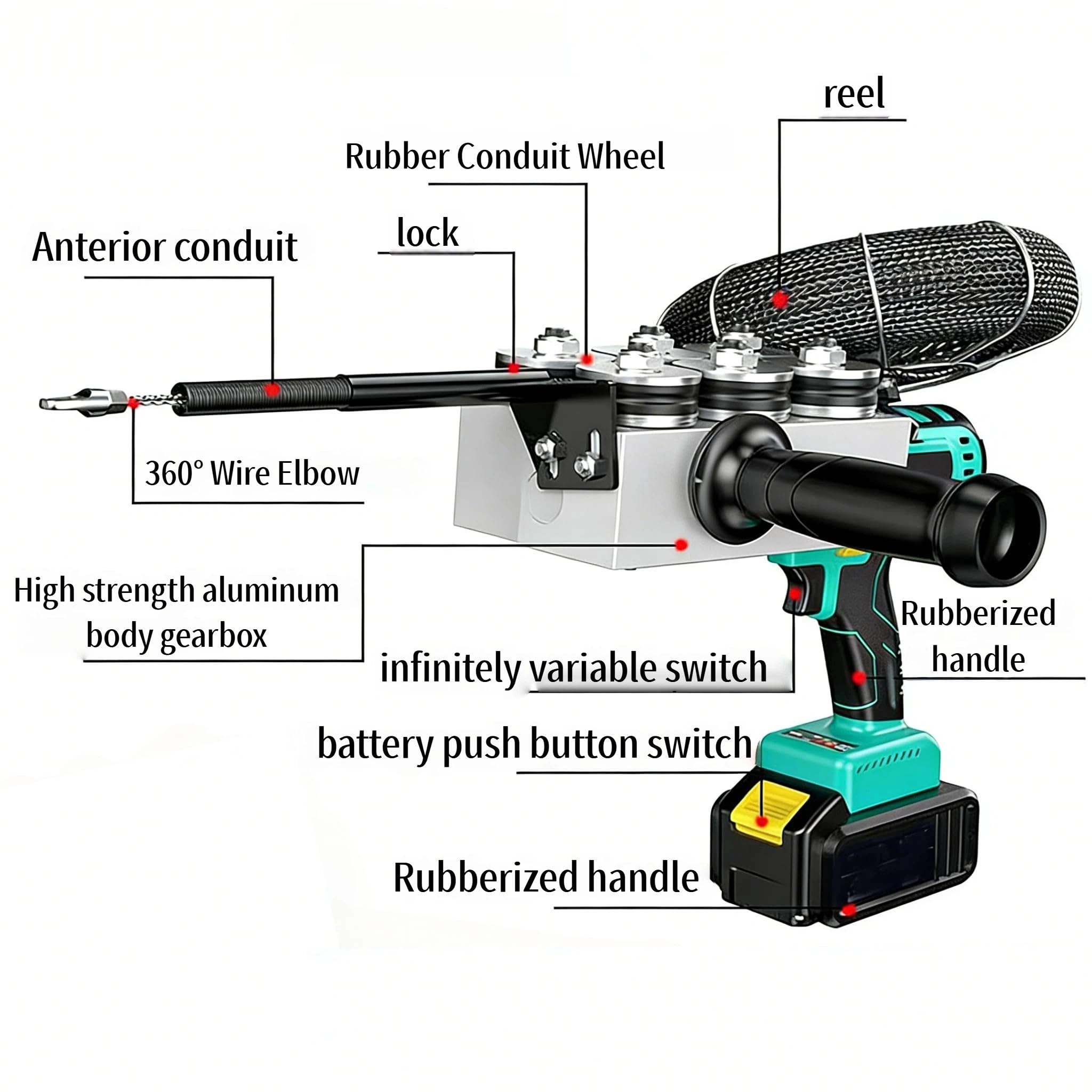 Pasacables Eléctrico Automático 550N, Extractor de Cables Inalámbrico 25V, Máquina de Encordar para Electricista, Tiracables para Tubos Ocultos y Pared, Guía de Acero de 25m con Velocidad Variable
