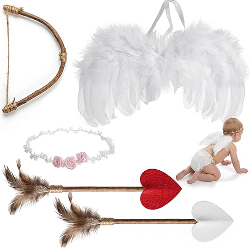 AMOR PRESENT Alas de ángel para bebé, 5 piezas de ropa para sesión de fotos de recién nacido, alas de ángel blanco, conjunto de disfraz de Cupido