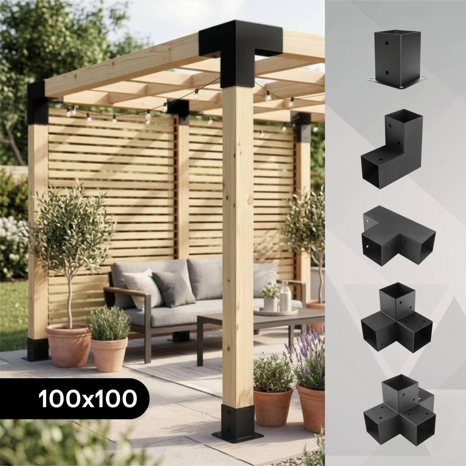 CLIP & SHADE - Juego de 4 soportes para postes de madera, 100 x 100 cm, conector de esquina en L de 2 vías para postes de madera, zapatos de vigas 10 x 10, galvanizado y recubierto de polvo, conector
