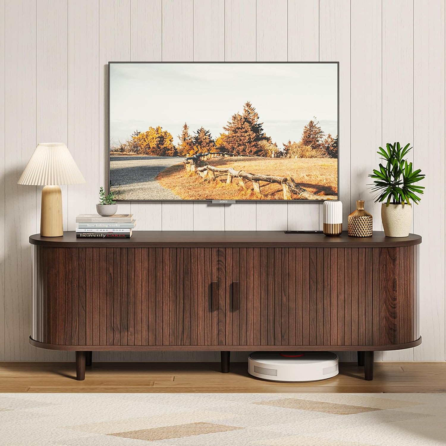 oneinmil 58" Mid Century Modern TV Stand, TV Consoles with Sliding Doors, Wood Entertainment Center with Power Outlet and Adjustable Shelves, Fluted Television Stand for Living Room, Walnut