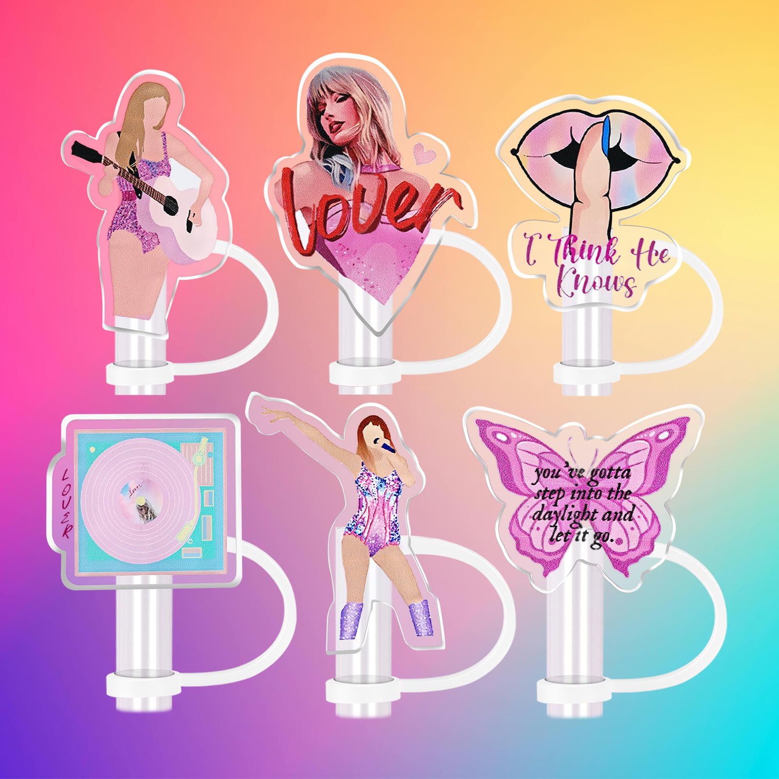 （6+50）6 PCS Acrylic TS Straw Covers 10mm Cute Straw Toppers for Stanley Cup 30&40 OZ Tumbler, 50 PCS Tattoos Stickers, 56 PCS Stanley Cup Accessories, TS Merch Stuff Gift for Teens Girls Women