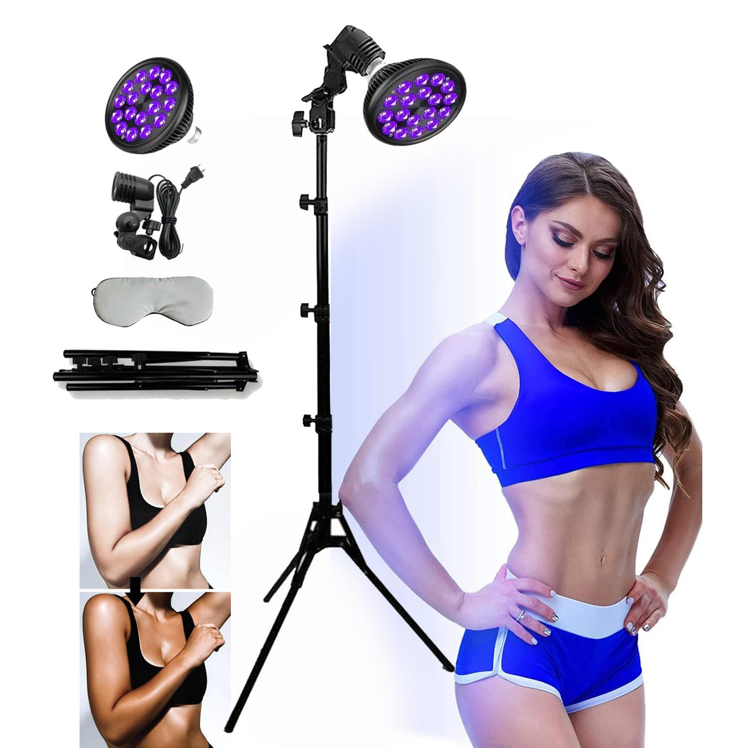 Lampe de bronzage avec masque pour les yeux et trépied (38,5-78,7 pouces), 18 LED 395 nm, appareil autobronzant pour la maison, lampadaire à lumière violette 54 W pour le corps et le visage, bronze