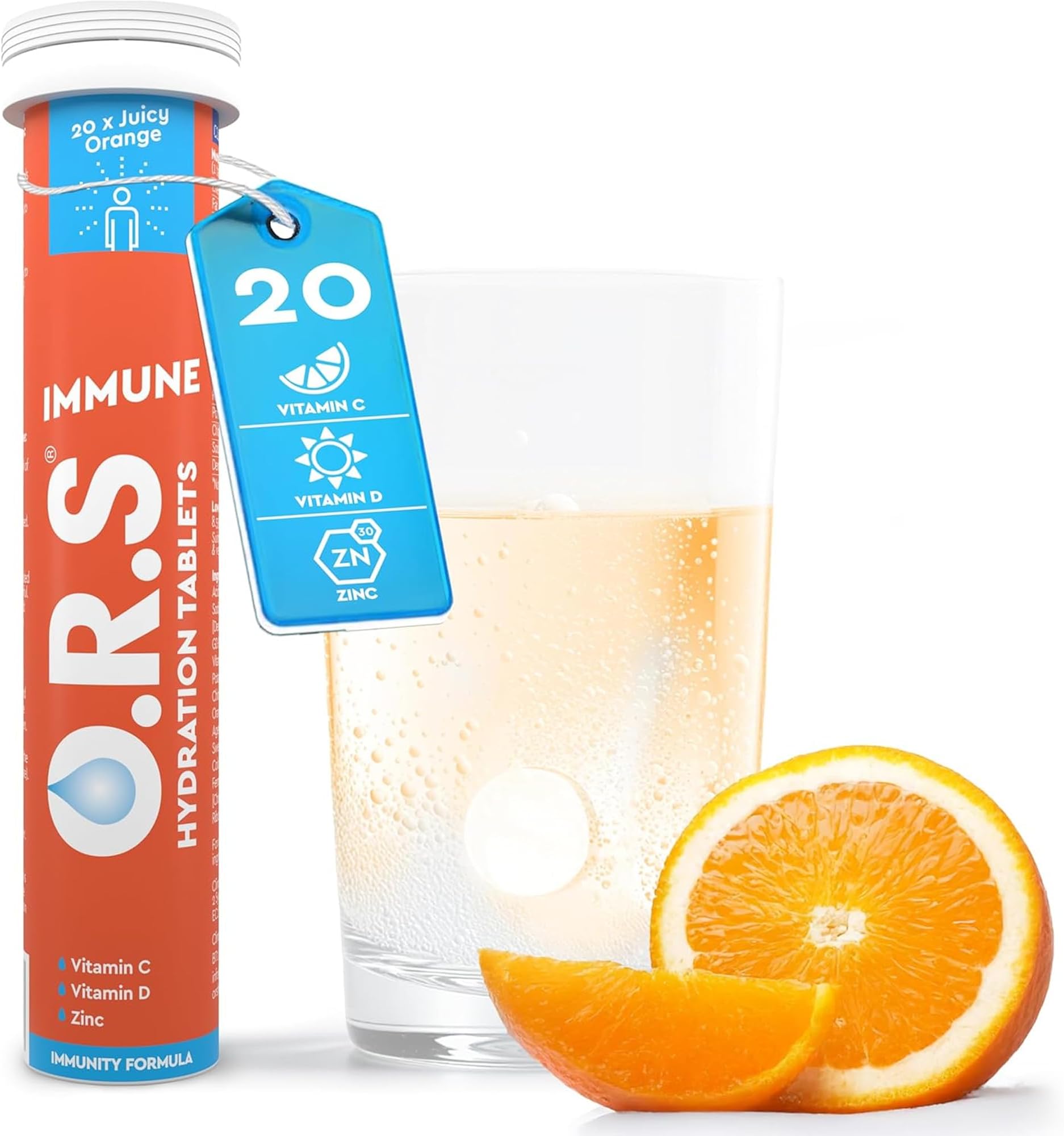 O.R.S Immune Hydration Tablets - Orange, 1 Tube | Winter Wellness Electrolytes with Vitamins, Iron & Zinc for Immunity Support | Salts for Electrolyte Replacement | Vegan, Gluten-Free & Low Calorie