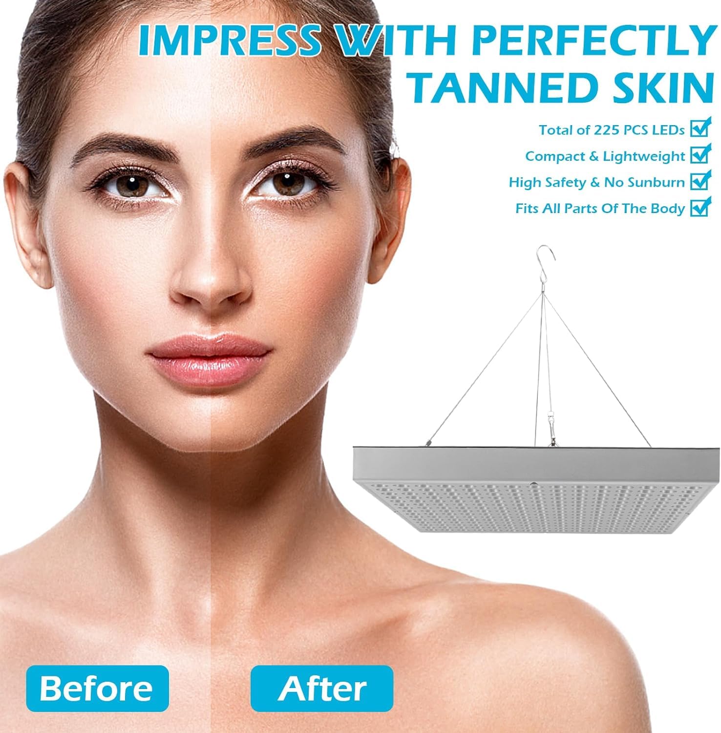 Lampe Bronzage à Maison, Face 45w Face et Corps Solaire avec Un Crochet à Bague Suspendue et Un Bandeau, 460 Nm Lampe Bleue ComplèTe LED Tanning Luminateur avec 225pcs LEDs