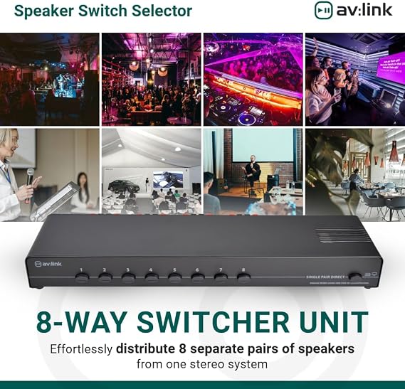 8 Way Speaker Switch Selector | An Audio Splitter Switcher Box For Up To 8 Stereo Pairs of speakers from a Single Amplifier | 140W Max Per Channel and Designed for 4 to 16 Ohm Speakers