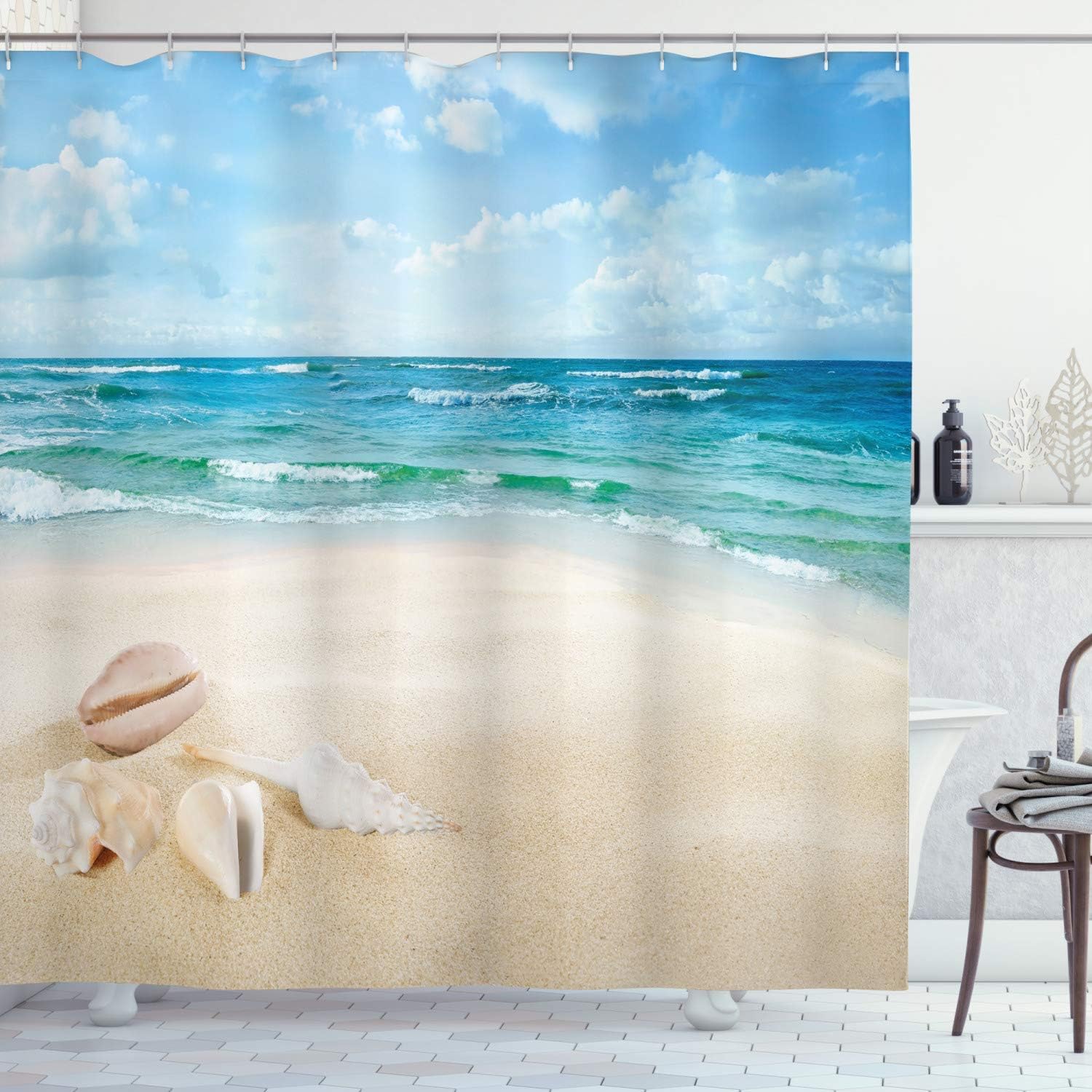 Ambesonne Ocean Shower Curtain, Beach Sand Waves Sealife Marine Design with Shells Hot Summer Sun Holiday Print, Cloth Fabric Bathroom Decor Set with Hooks, 69" W x 75" L, Cream Teal