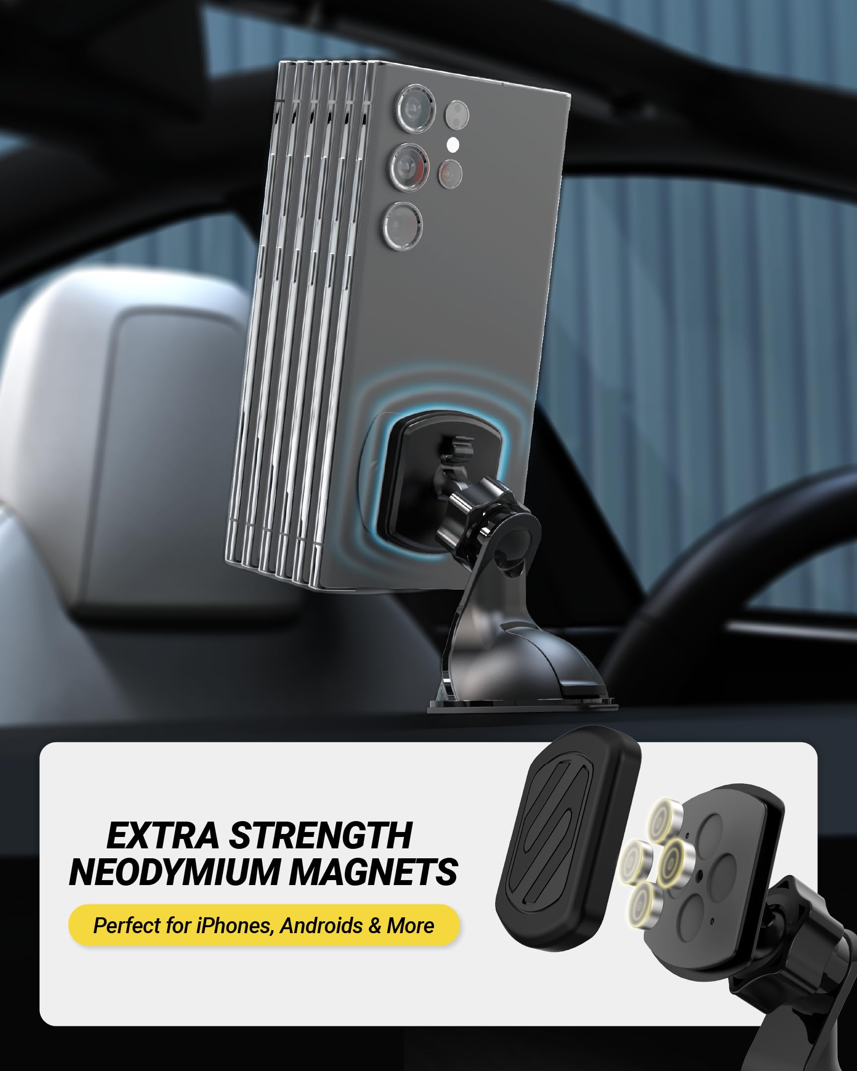 Scosche Extra Strength Suction Car Phone Mount, Magnetic Phone Holders for Your Car Windshield/Dashboard, Car Holder with 360° Rotation, Thick Metal Plate for iPhone and Android, Not MagSafe, 2-Pack view 2