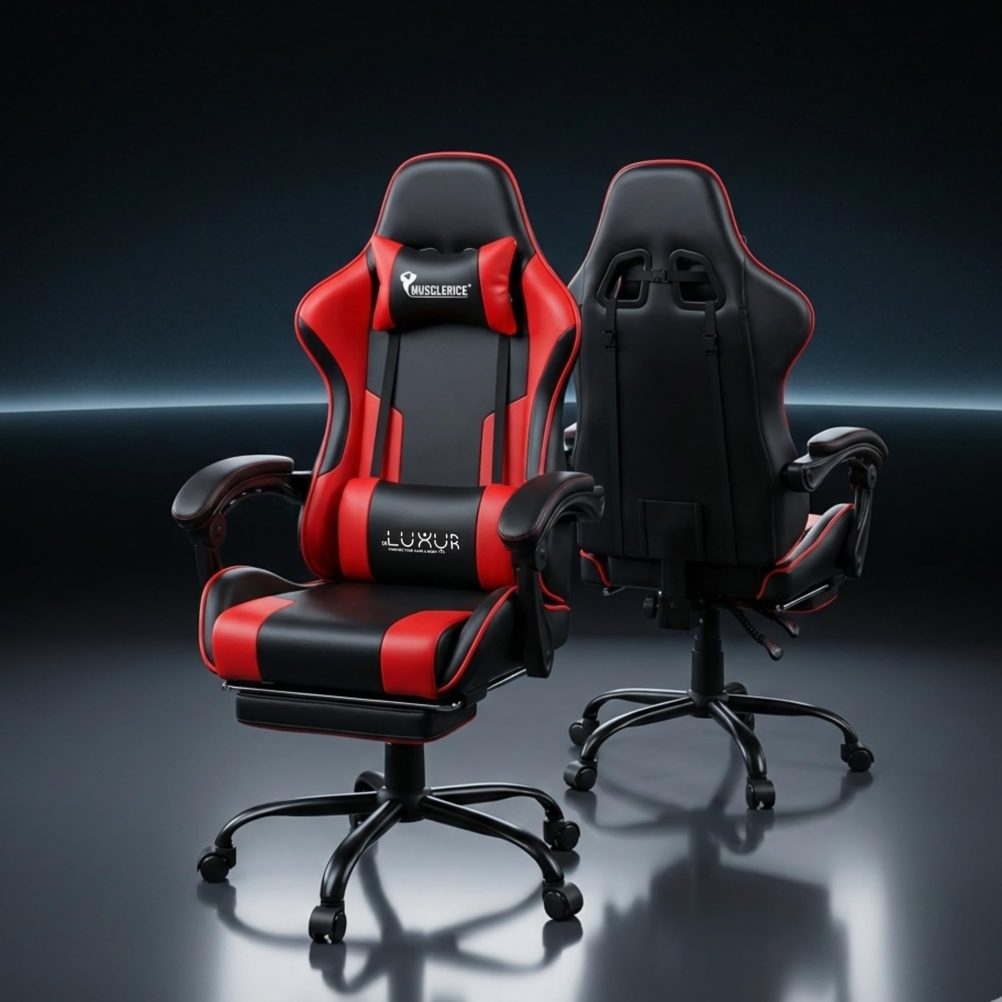 Dr Luxur Musclerice Gaming Office Desk Ergonomic Lumbar Support, PU Leather High Back Adjustable Swivel Task Chair with Footrest, Removable Neck, Linkage Arm Rest (Musclerice Leatherette Red)-image-10
