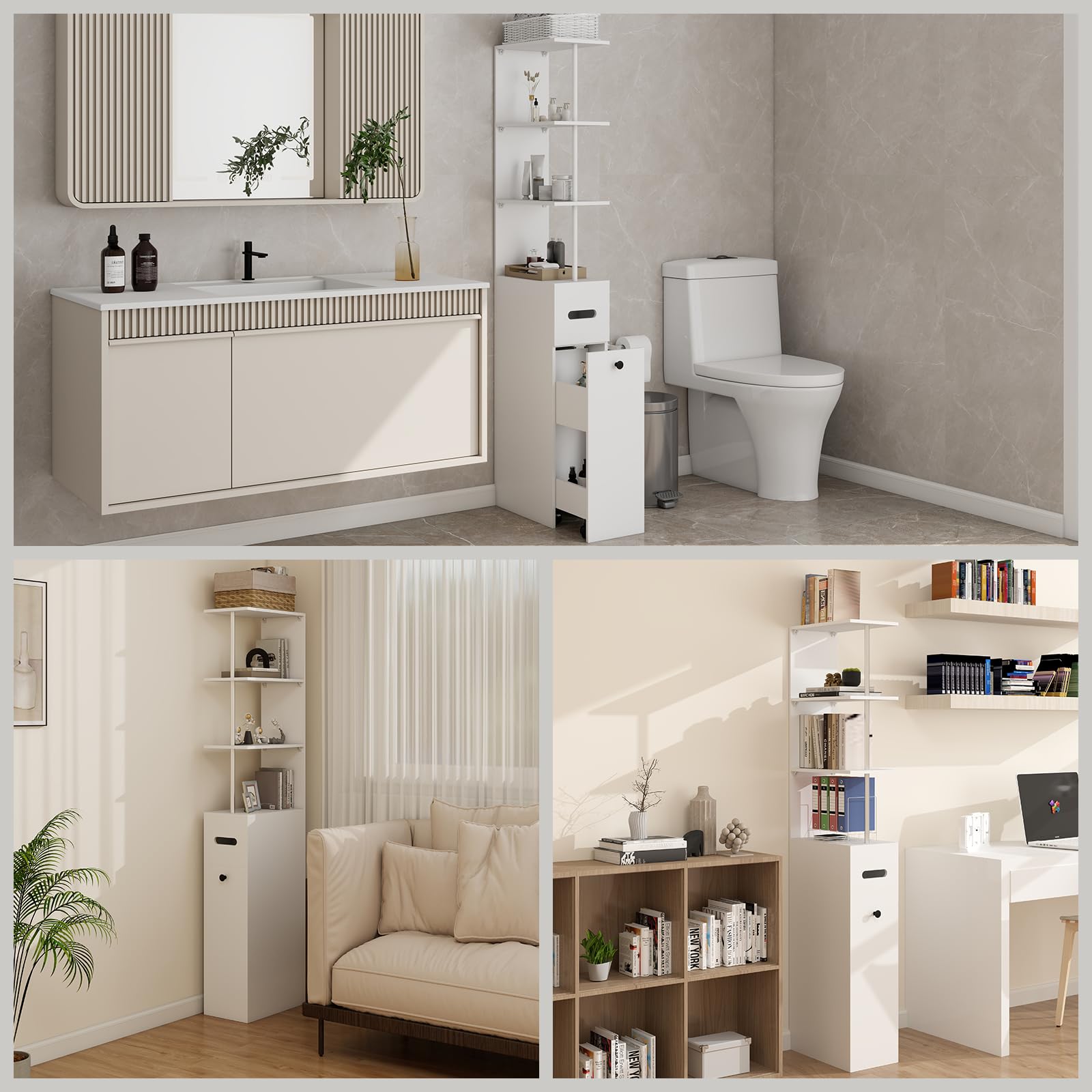 YU YUSING Mueble de Baño Estrecho de 23cm con 2 Cajones 4 Ruedas, Armario Alto Independiente con 3 Niveles Abiertos 167cm, Columna de Baño Blanco, Moderno para Salón Aseo Dormitorio